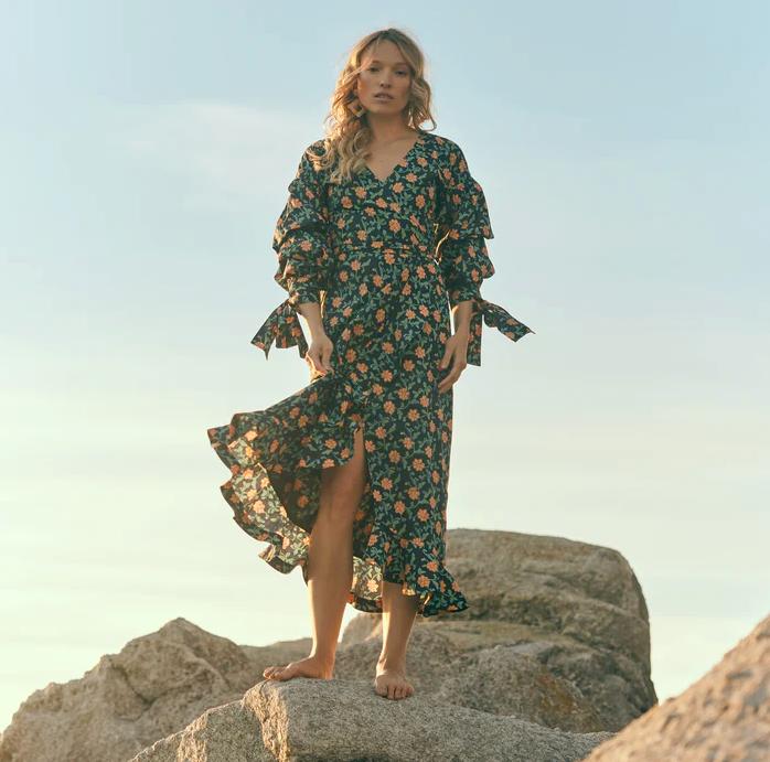 Ellen Ruffled Wrap Dress - Faded Black/Bright Clementine & Moss Floral - FINAL SALE