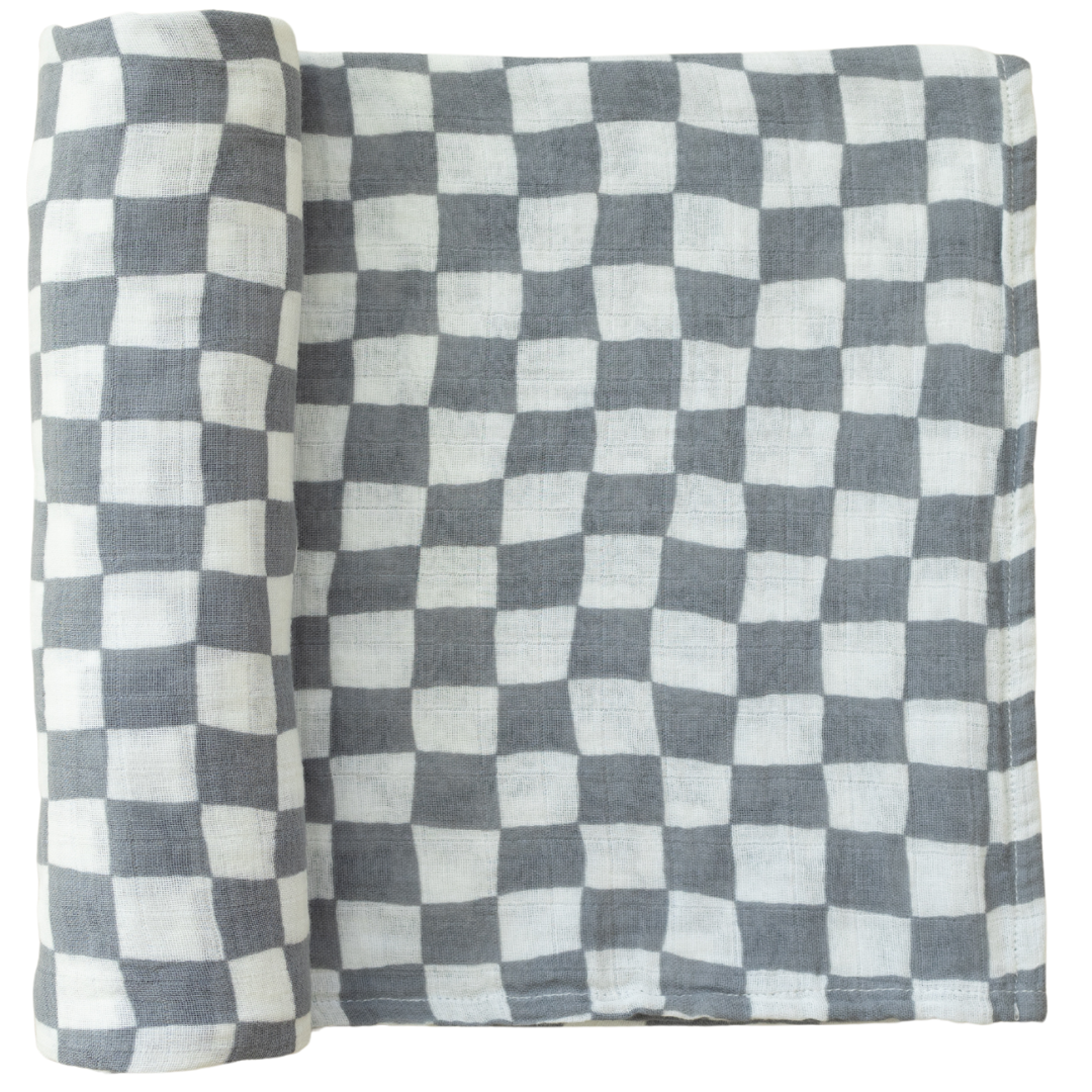 Dusty Blue Wavy Checkered Muslin Swaddle Blanket  Mebie Baby   