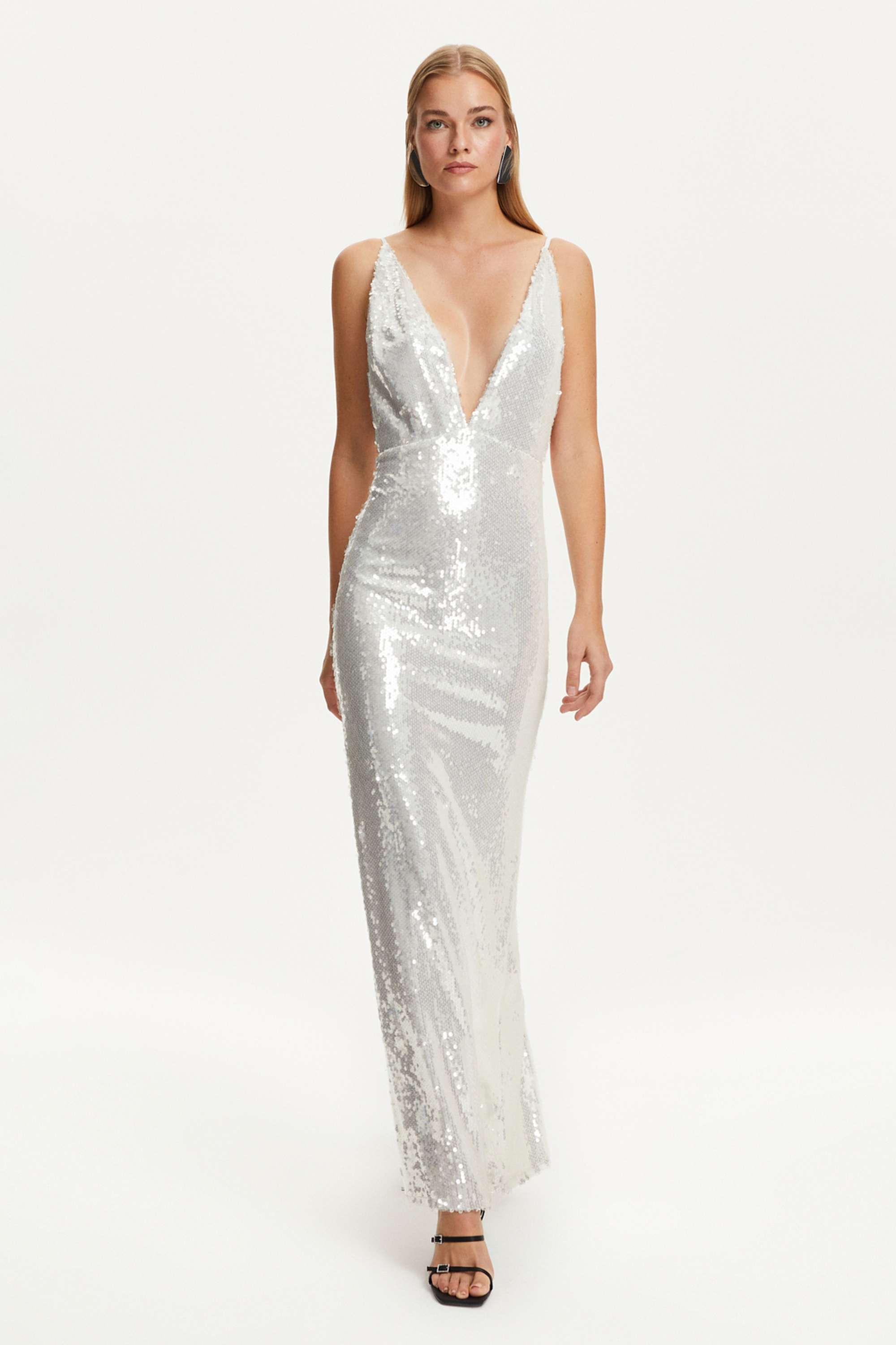 Sequined Thin Strap Long Dress - off-white