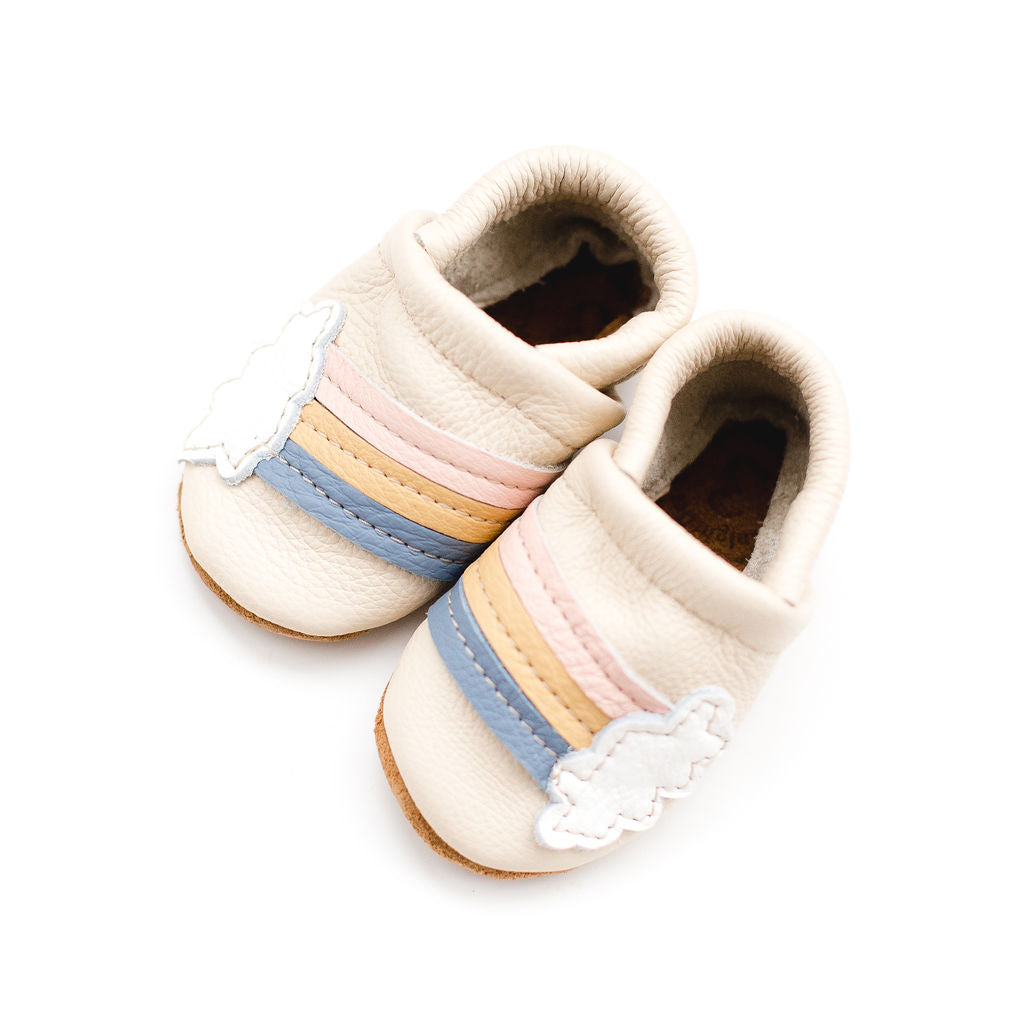 Rainbow on Cream Leather Shoes Moccs Baby and Toddler Baby Shoes Starry Knight Design   