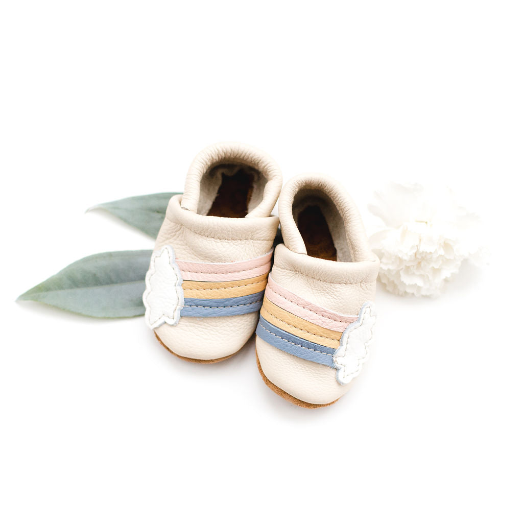 Rainbow on Cream Leather Shoes Moccs Baby and Toddler Baby Shoes Starry Knight Design   