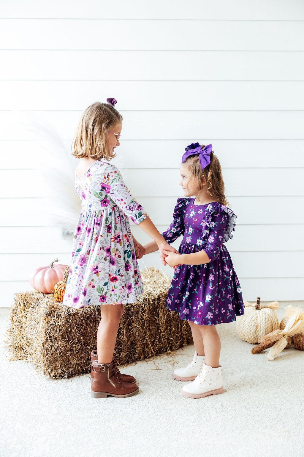 SALE Violets in Bloom 3/4 Sleeve Ruffle Twirl Dress