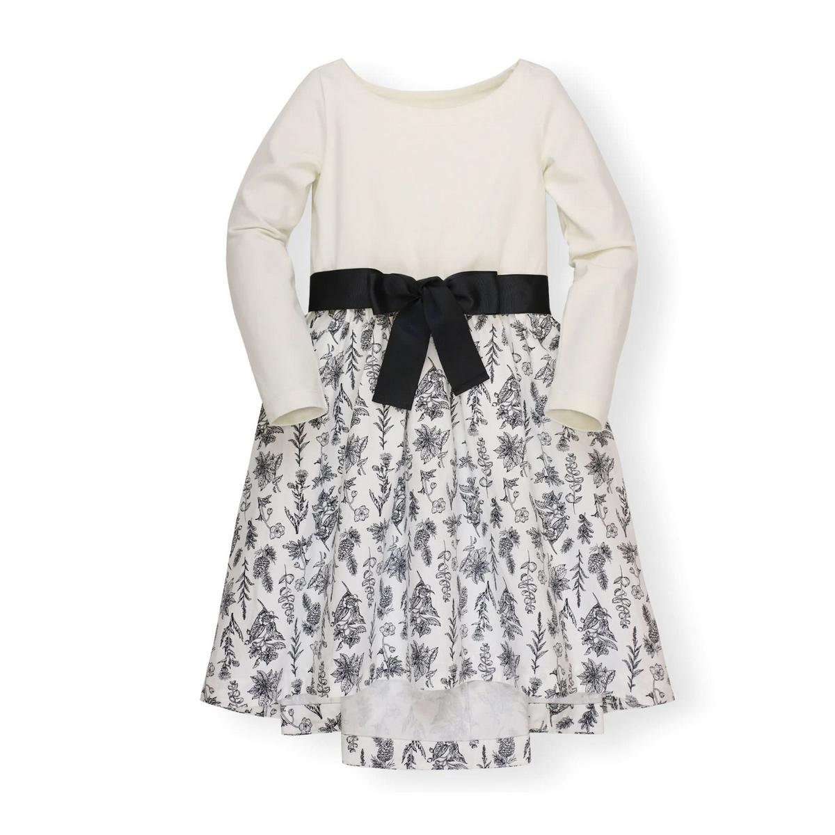 Baby Lightweight Blocked High-Low Skater Dress - Soft White with Black Winter Botanical