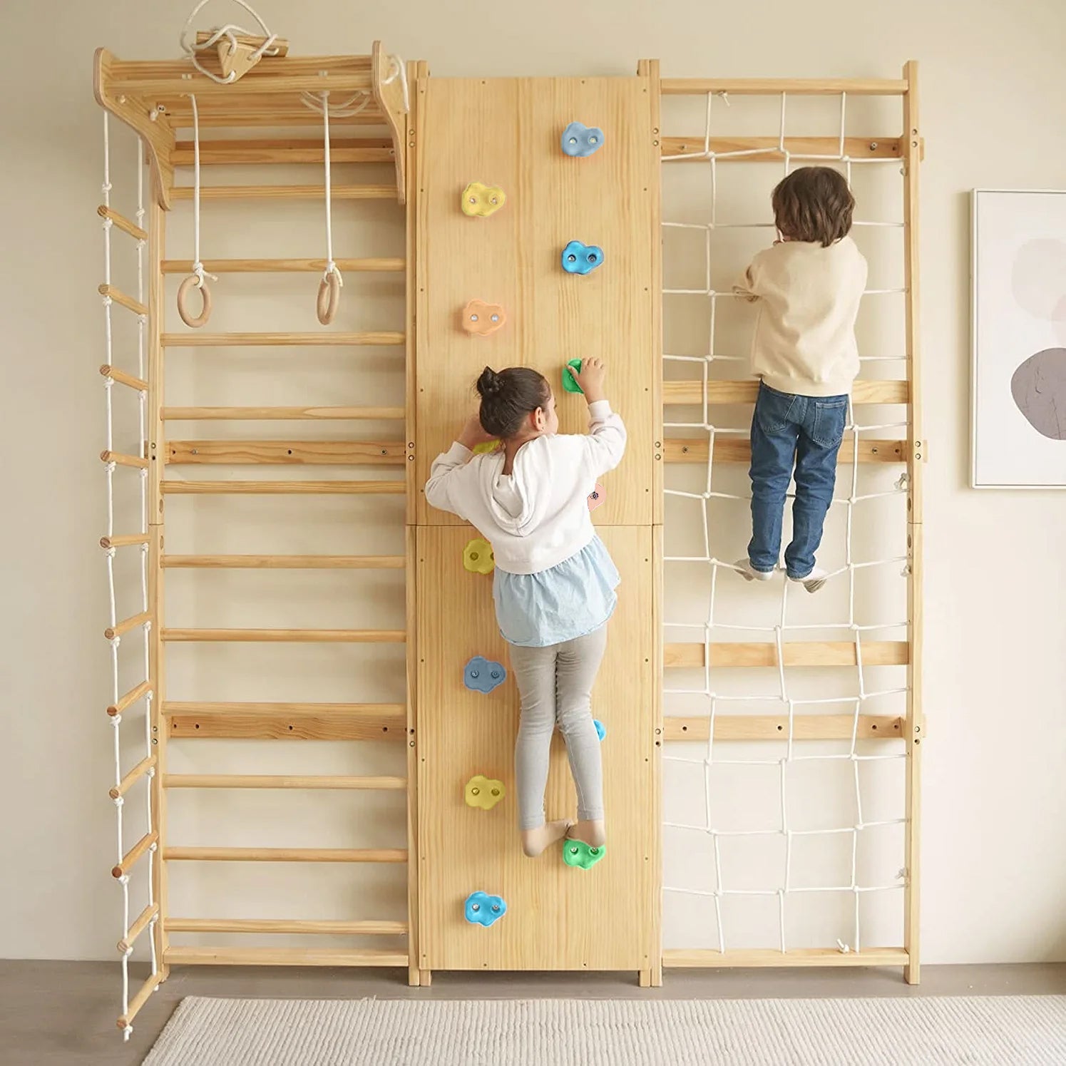 Walnut 9-in-1 Swedish Ladder Wall Gym | Indoor Wooden Climber & Activity Set for Kids - 95" Height