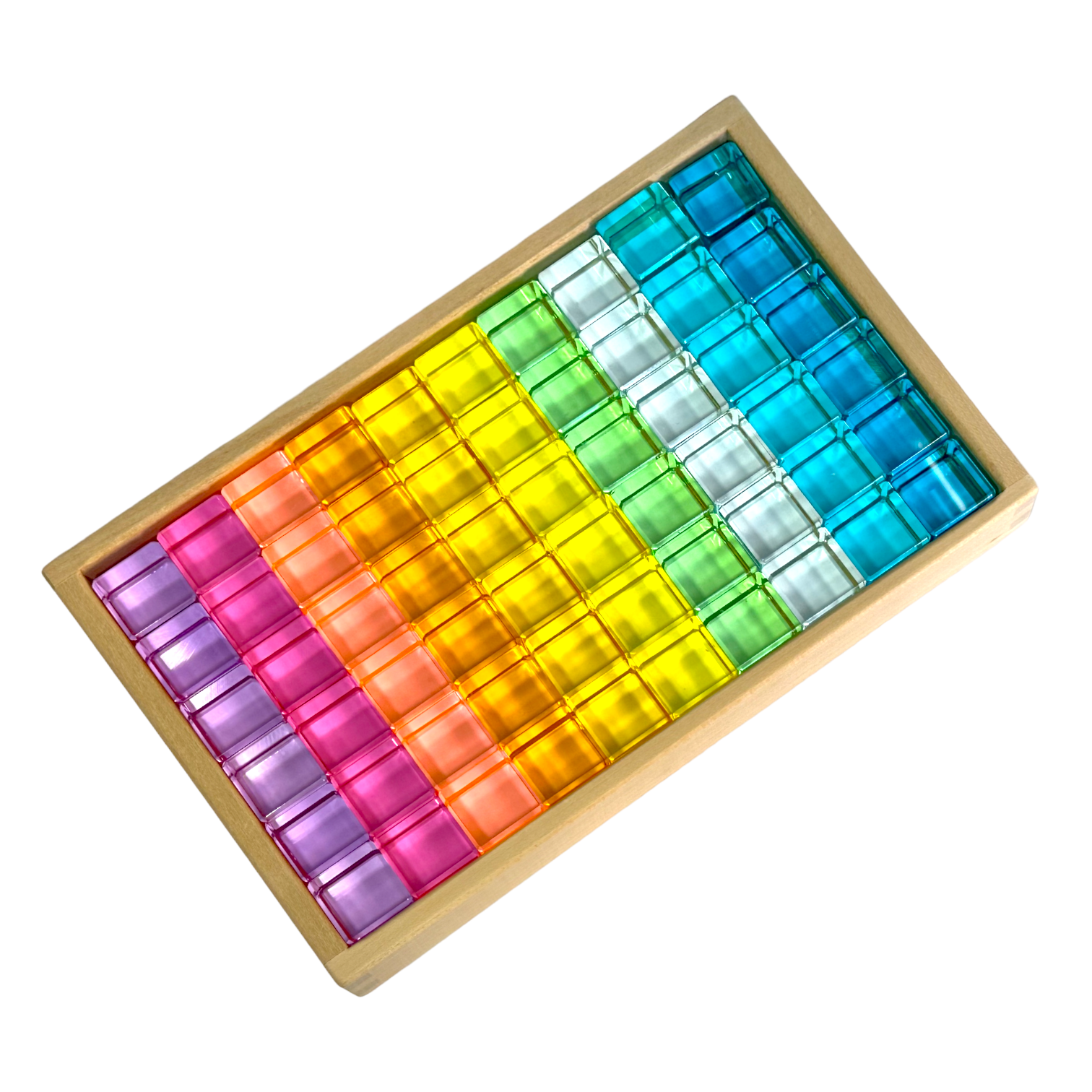 60 Pcs Crystal Clear Lucite Cubes Set with Wooden Tray – Rainbow or Pastel Colors