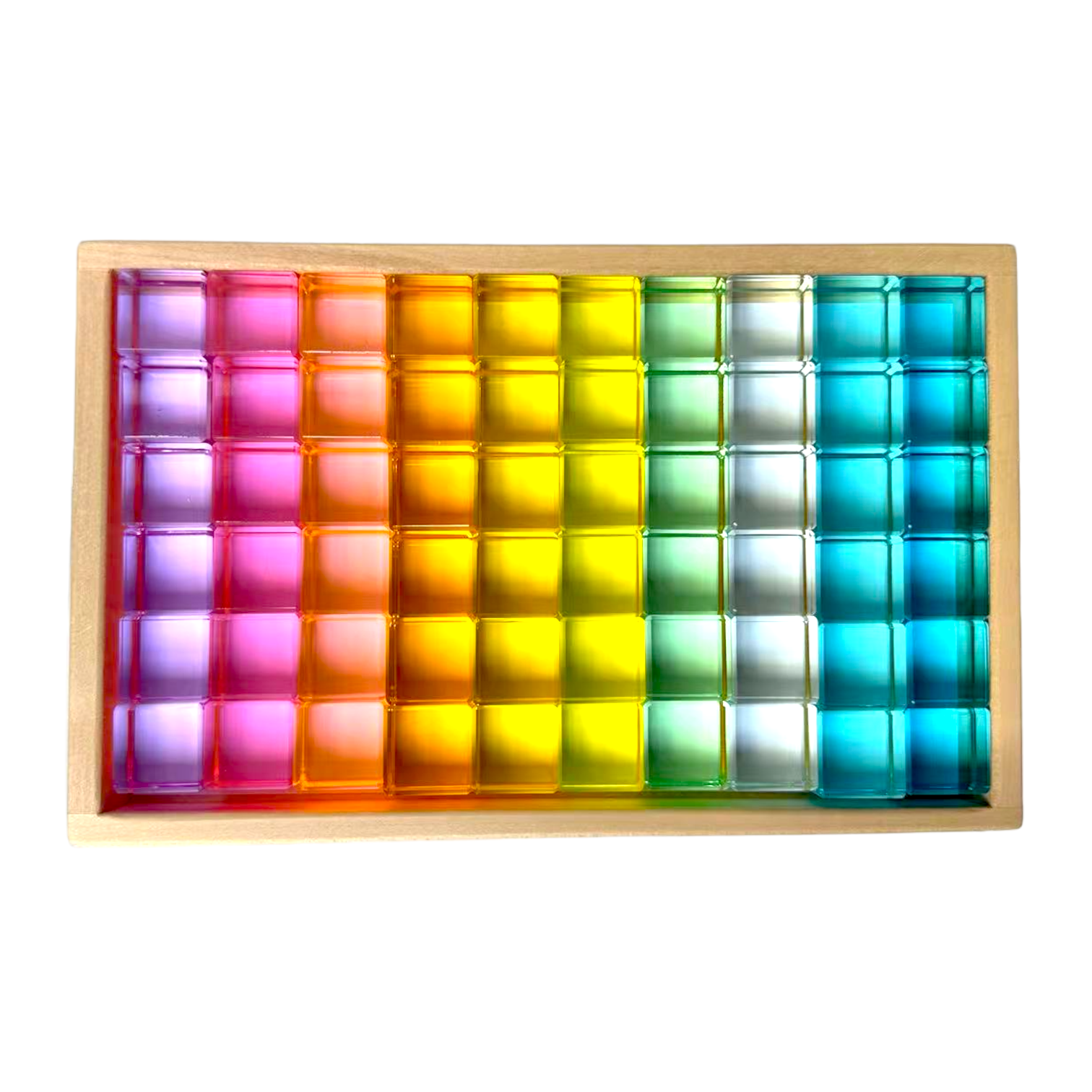 60 Pcs Crystal Clear Lucite Cubes Set with Wooden Tray – Rainbow or Pastel Colors