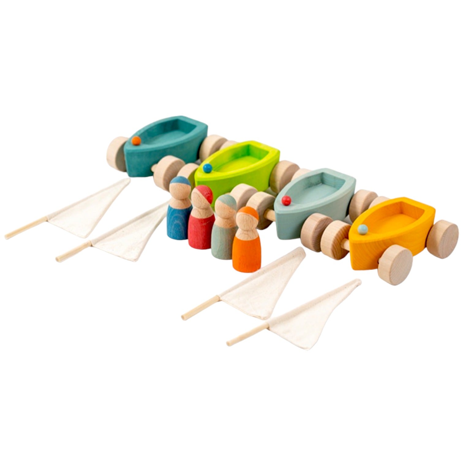 **Pre-order (Ships in 1-2 Weeks)**4 Pcs STAINED Wooden Land Yachts Set with 4 Peg Dolls