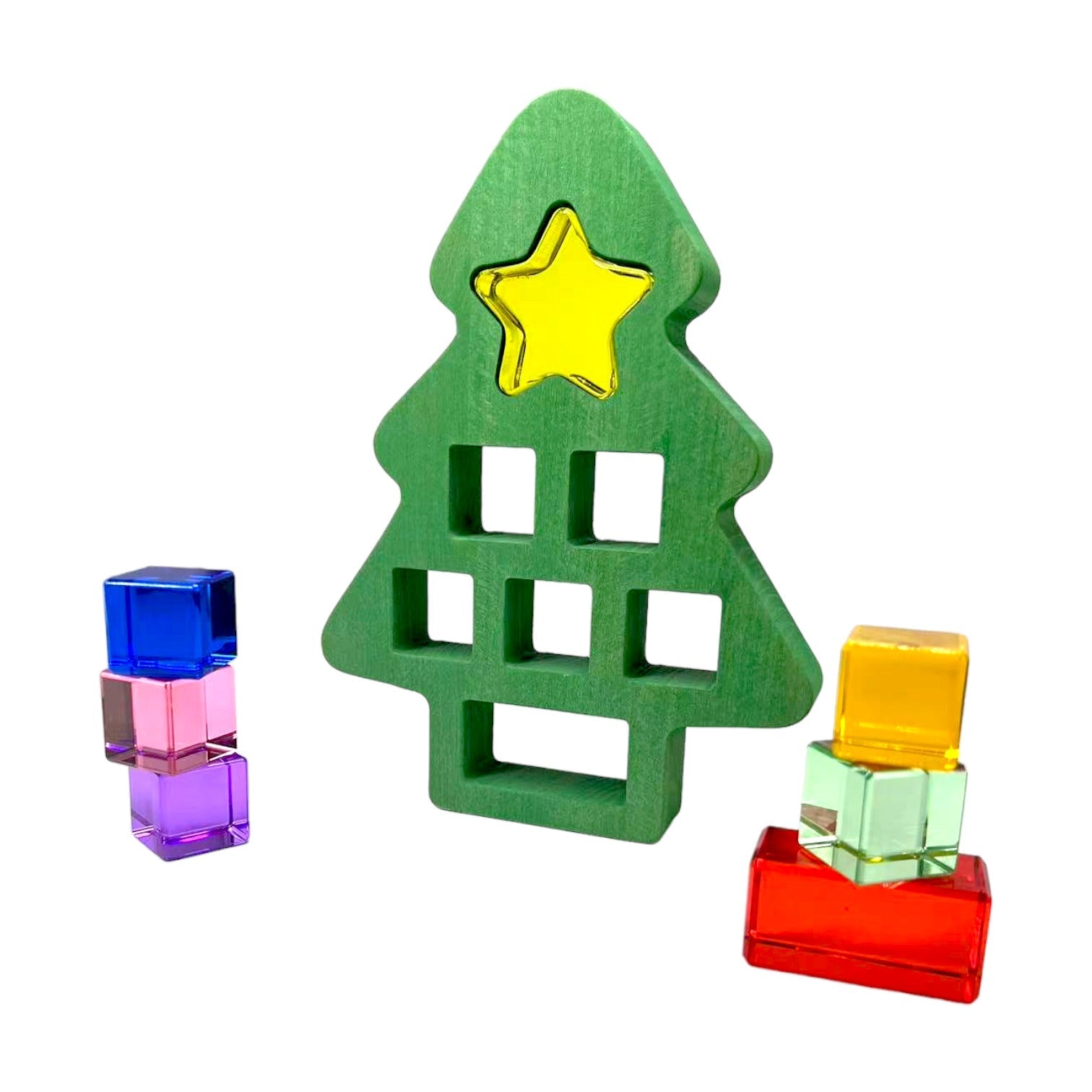 **Pre-order (Ships in 2-3 Weeks)**Wooden Christmas Tree with 7 Pcs Lucite Cubes Set