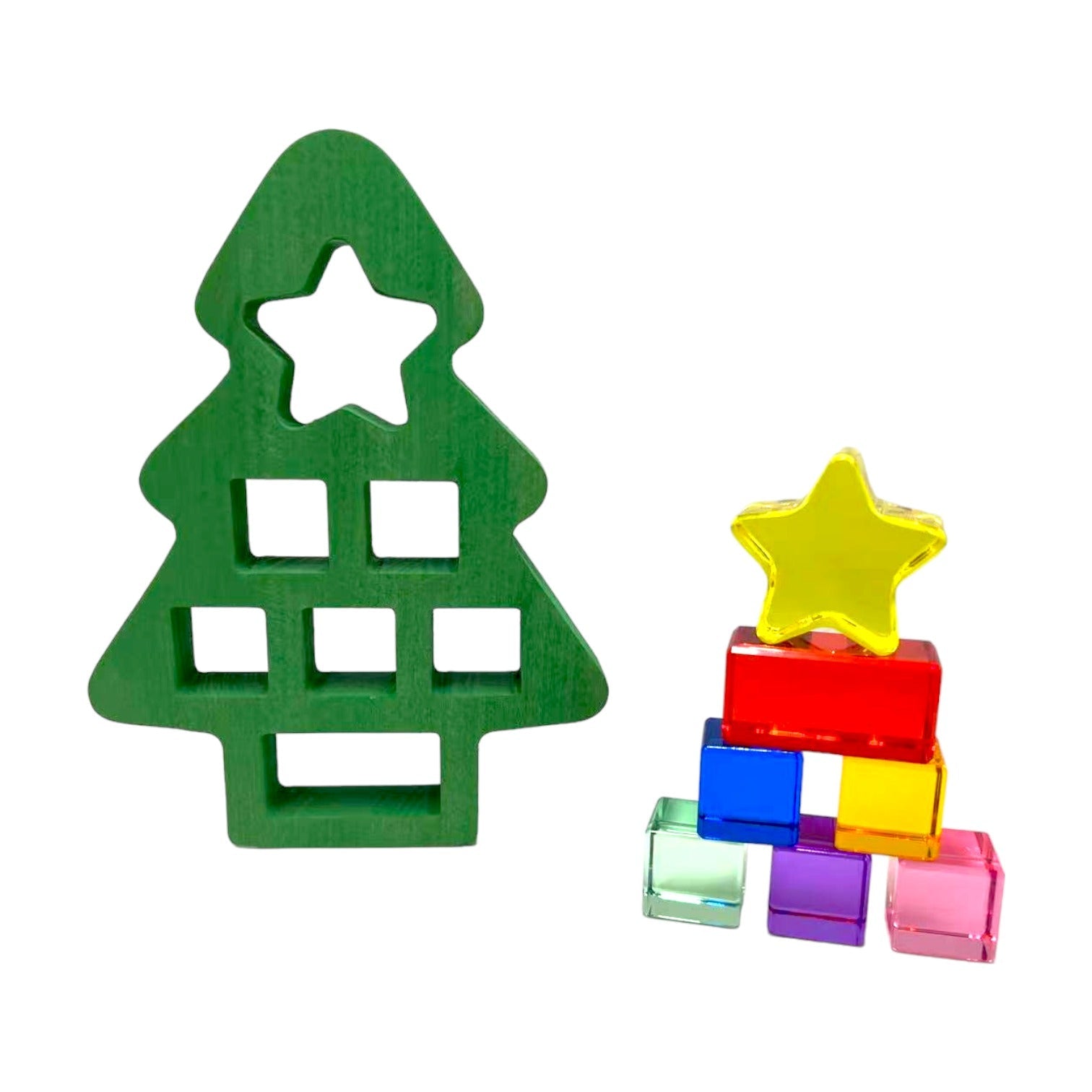 **Pre-order (Ships in 2-3 Weeks)**Wooden Christmas Tree with 7 Pcs Lucite Cubes Set