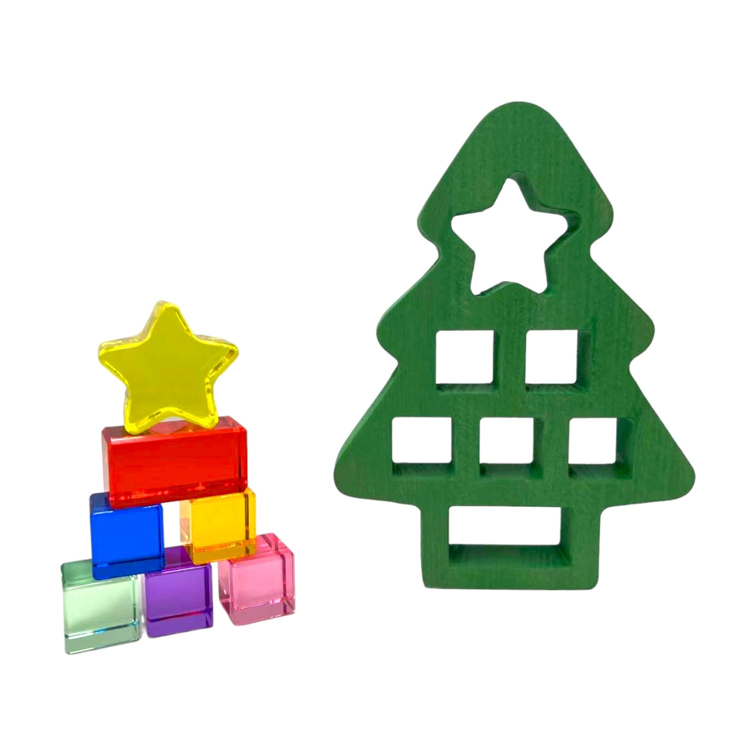 **Pre-order (Ships in 2-3 Weeks)**Wooden Christmas Tree with 7 Pcs Lucite Cubes Set
