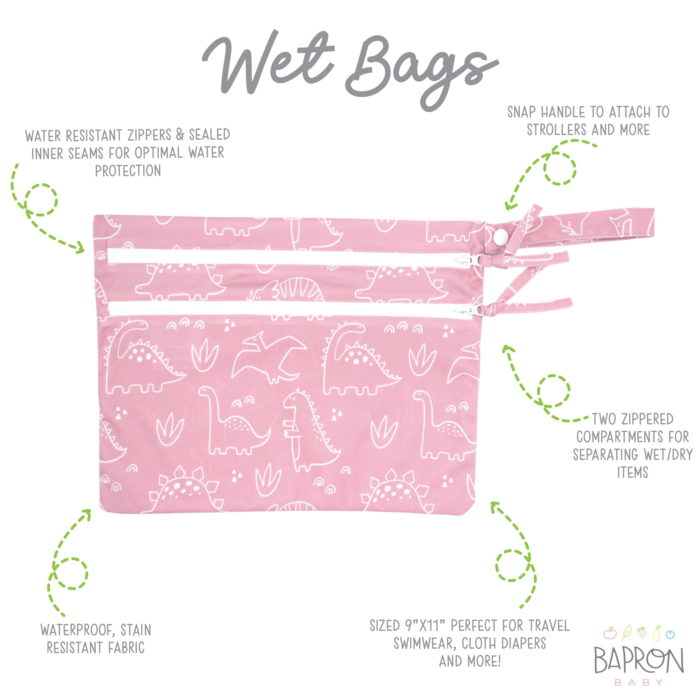 Dino Friends - Blush - Waterproof Wet Bag (For mealtime, on-the-go, and more!)  BapronBaby   