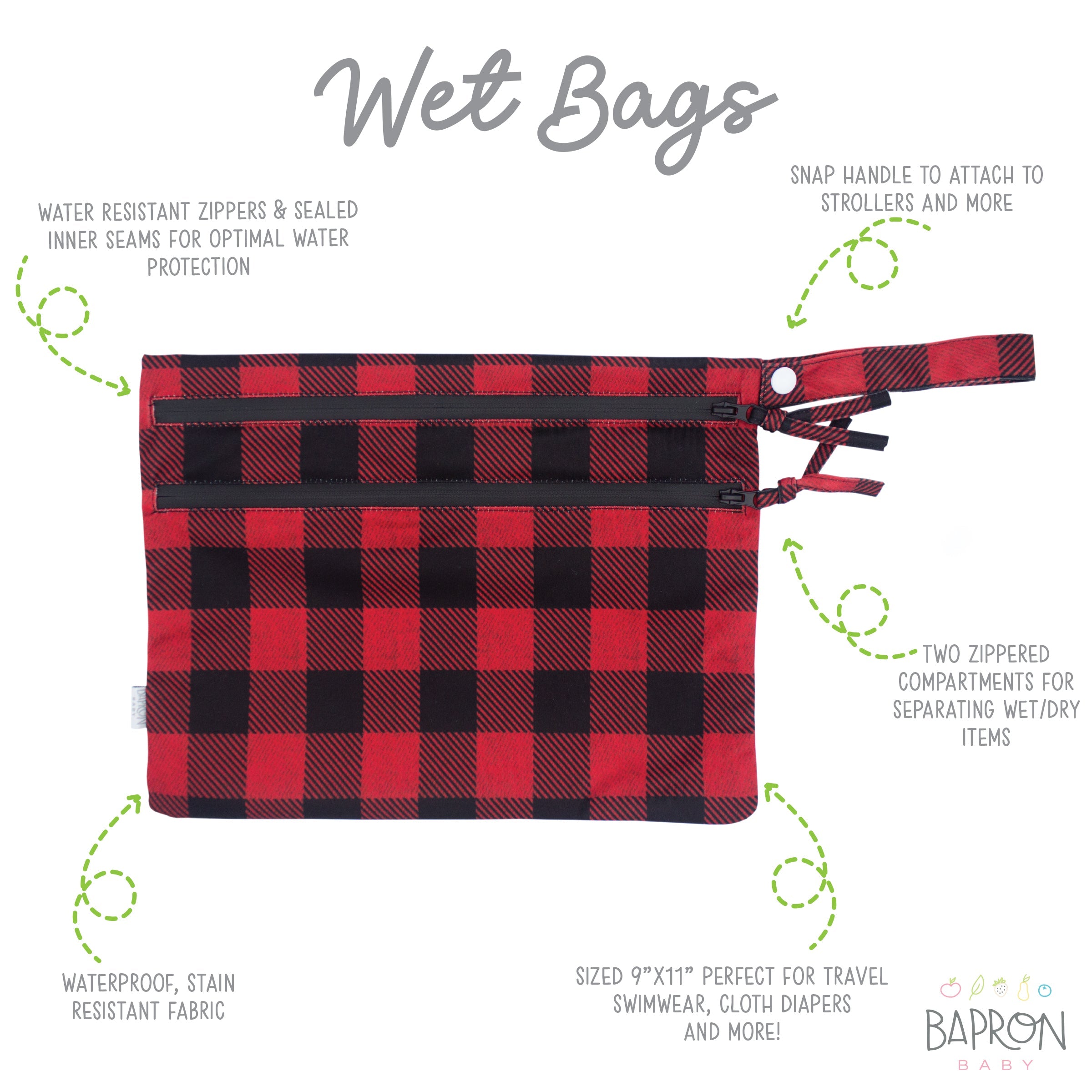 Red Buffalo Plaid - Waterproof Wet Bag (For mealtime, on-the-go, and more!)  BapronBaby   