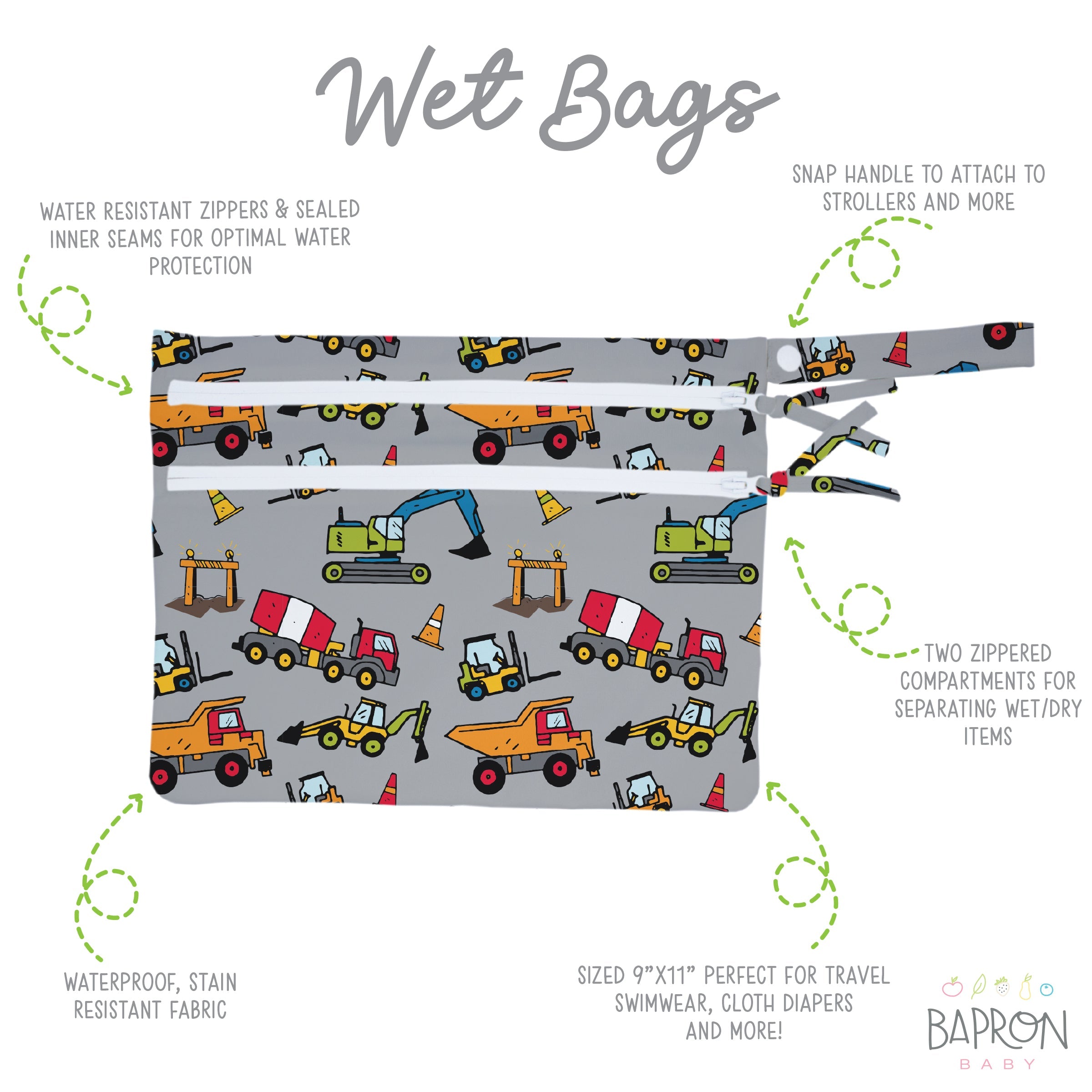 Construction Zone - Waterproof Wet Bag (For mealtime, on-the-go, and more!)  BapronBaby   