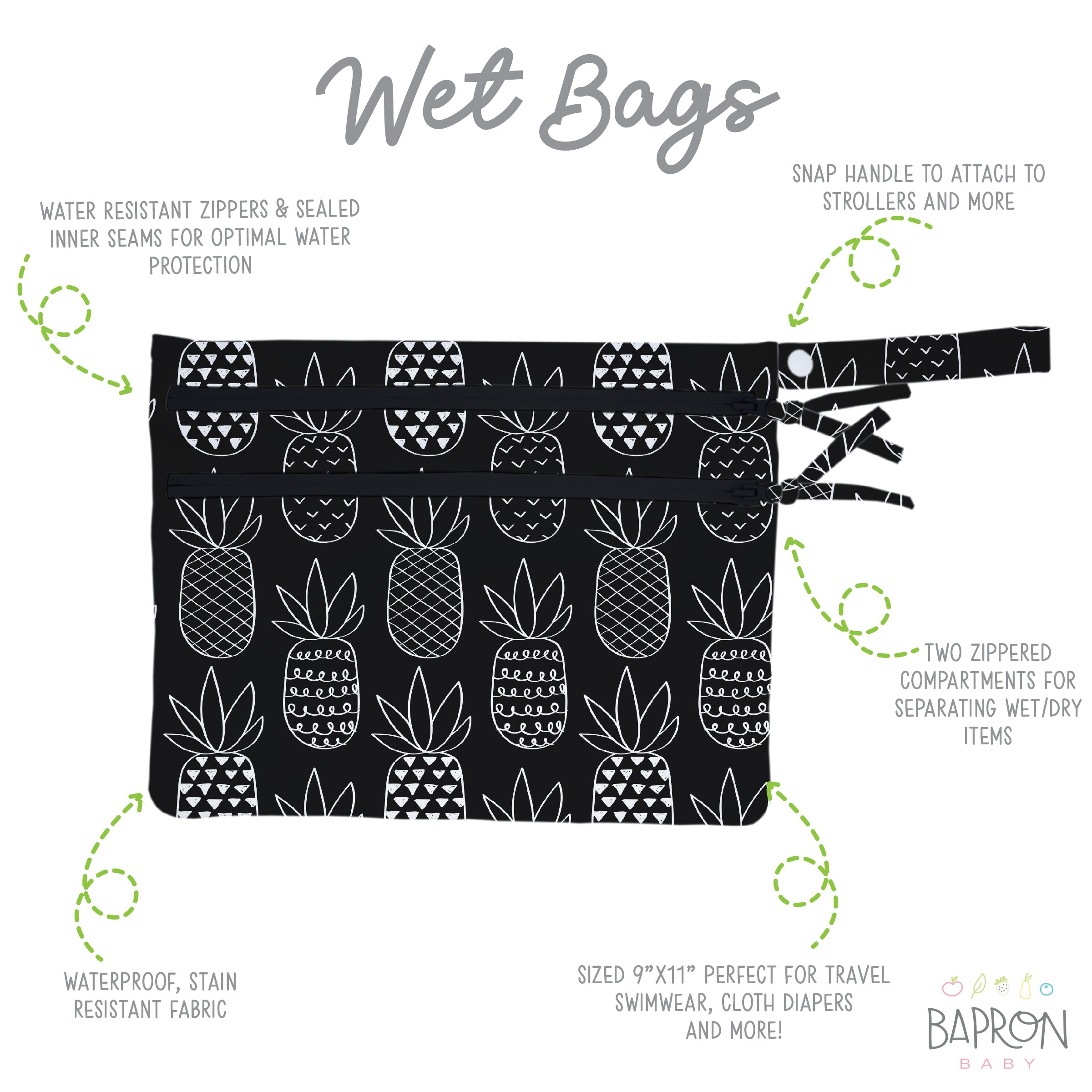 Pineapple Monochrome - Waterproof Wet Bag (For mealtime, on-the-go, and more!)  BapronBaby   