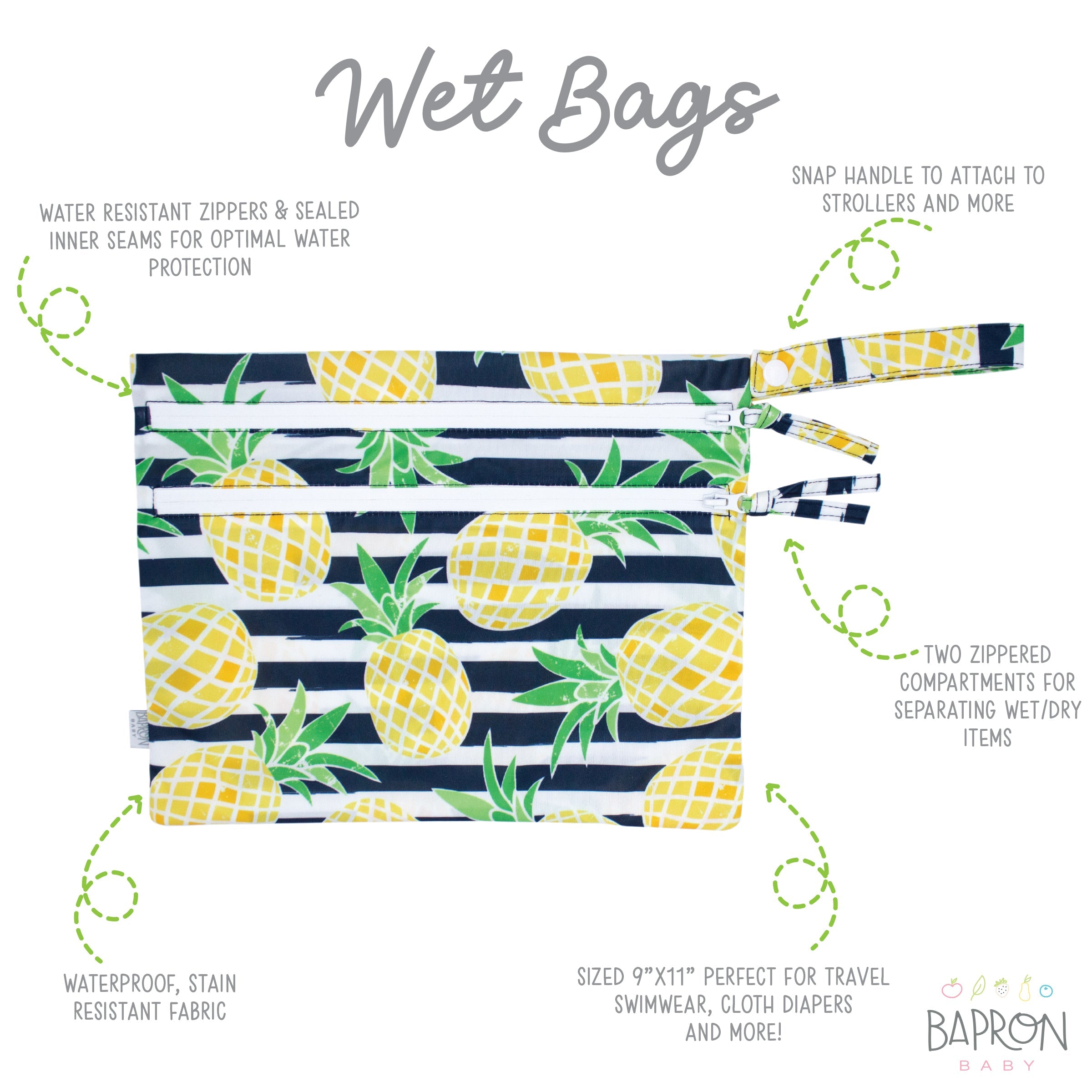 Summer Stripes - Pineapple - Waterproof Wet Bag (For mealtime, on-the-go, and more!)  BapronBaby   