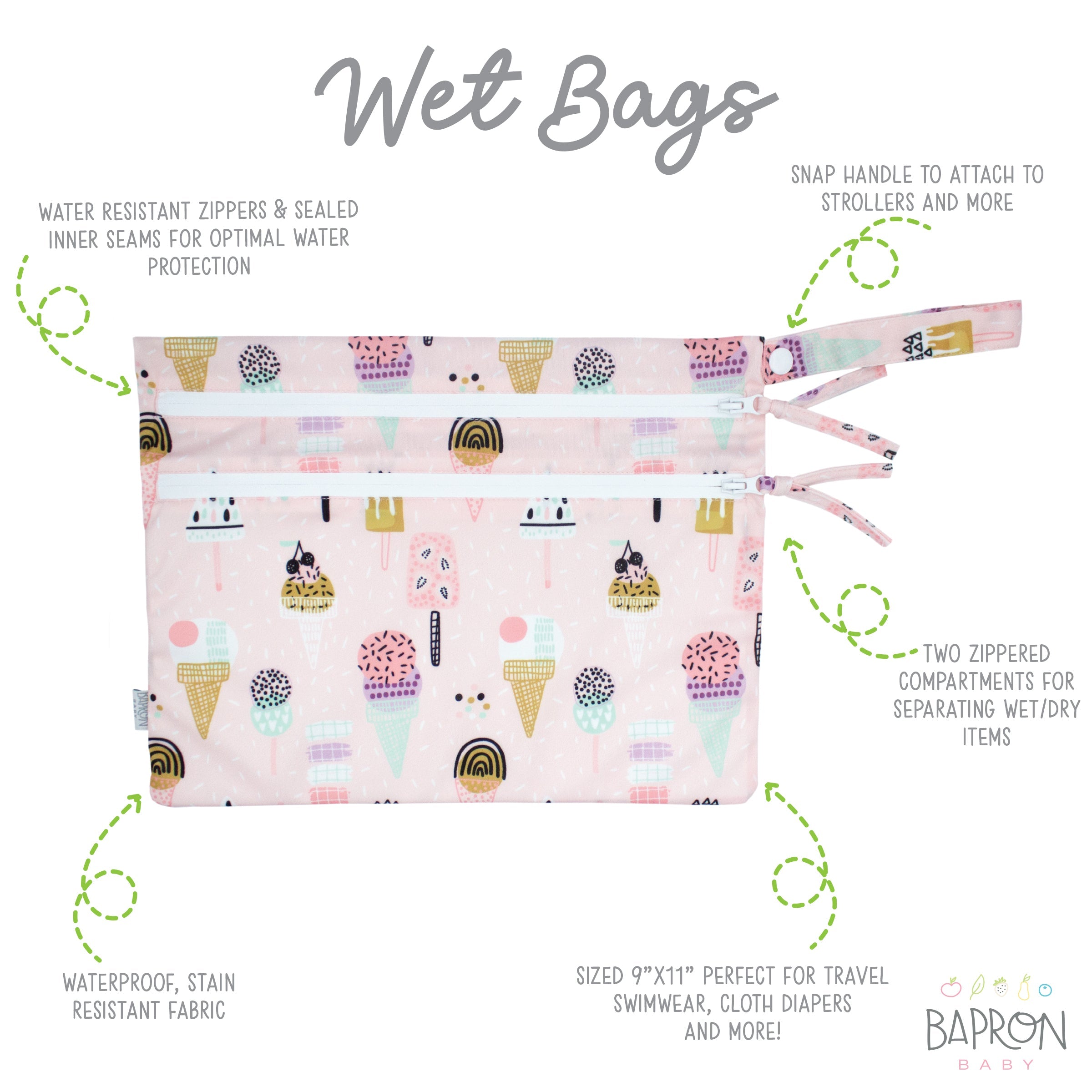 Pink Ice Cream - Waterproof Wet Bag (For mealtime, on-the-go, and more!)  BapronBaby   