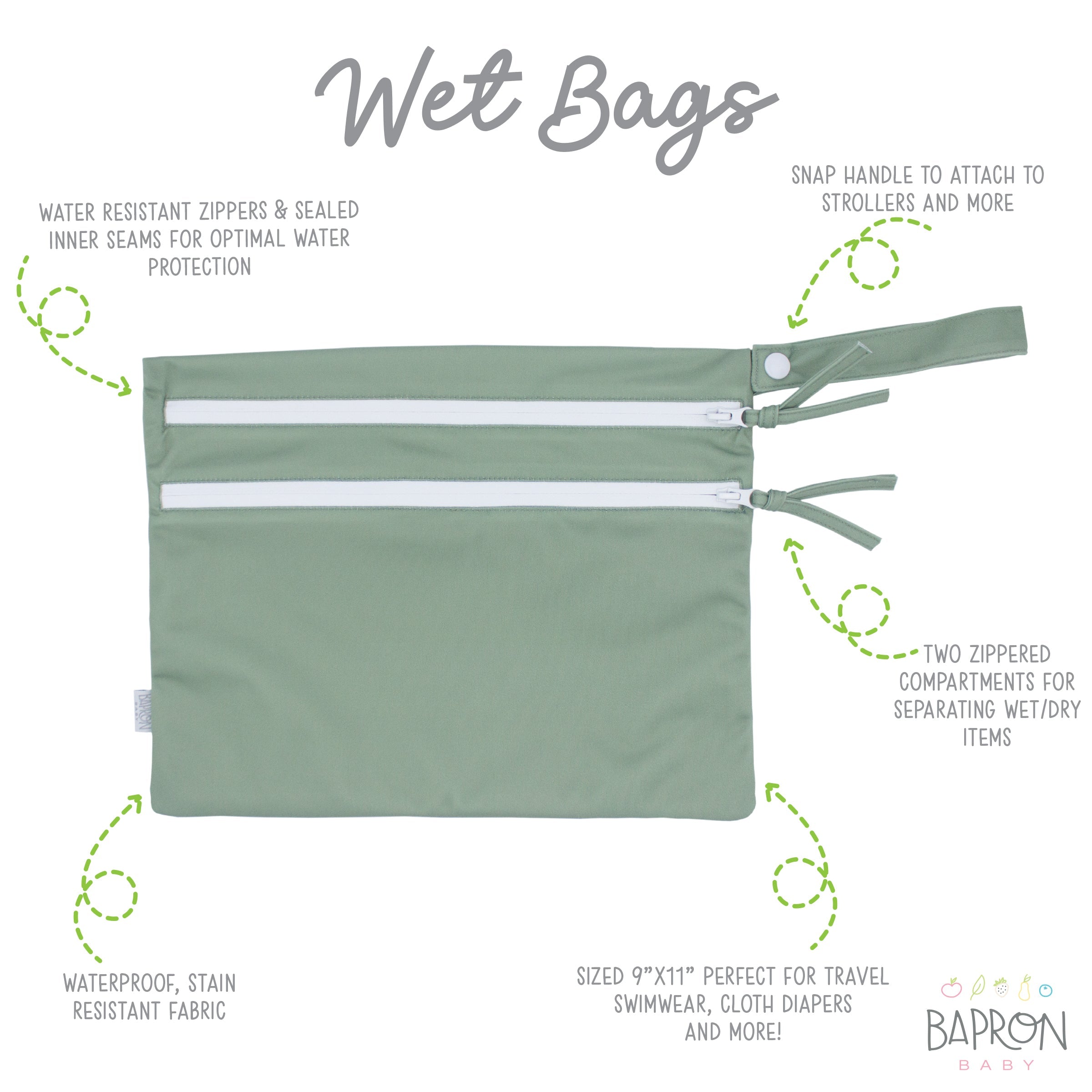 Solid Sage Minimalist - Waterproof Wet Bag (For mealtime, on-the-go, and more!)  BapronBaby   