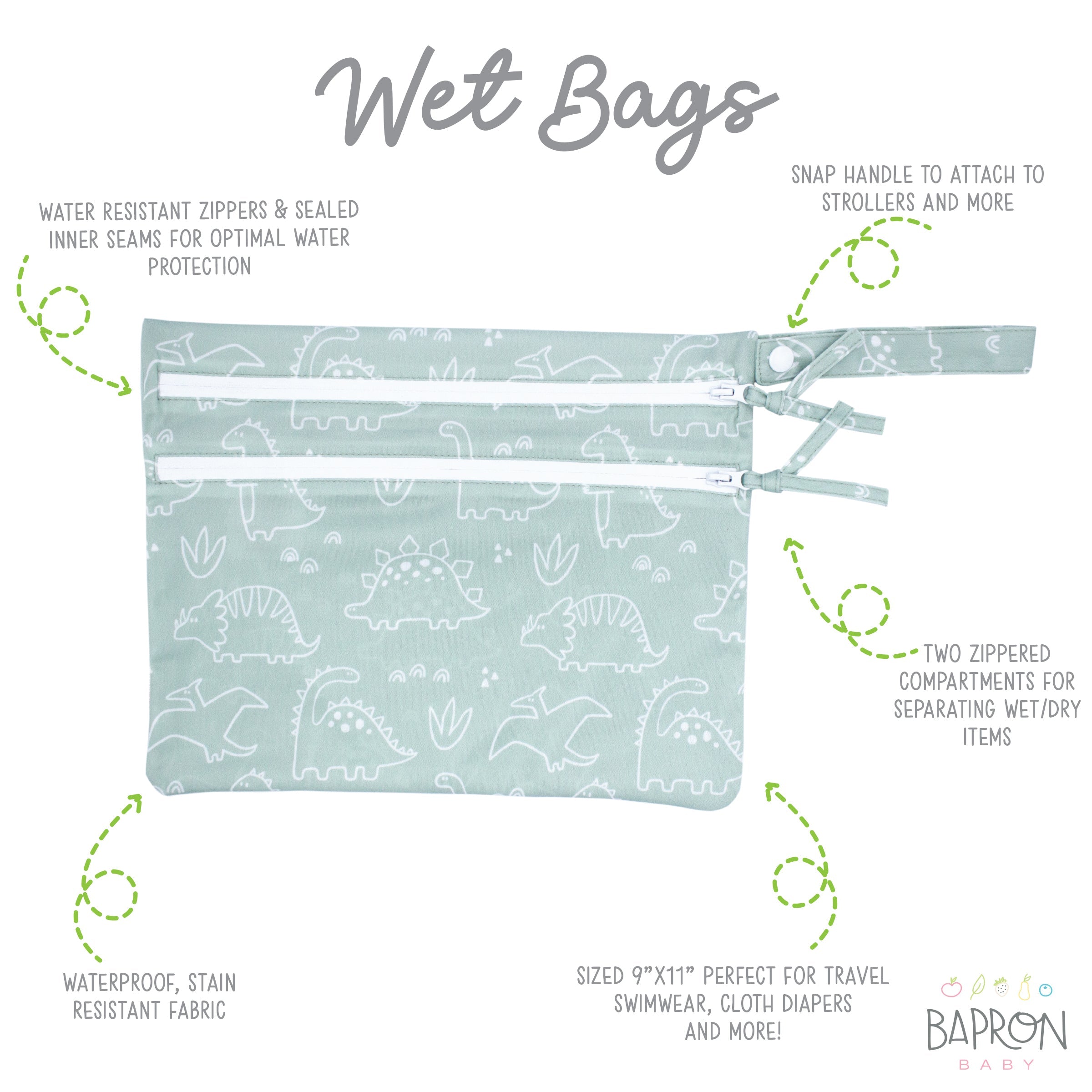 Dino Friends - Sage - Waterproof Wet Bag (For mealtime, on-the-go, and more!)  BapronBaby   