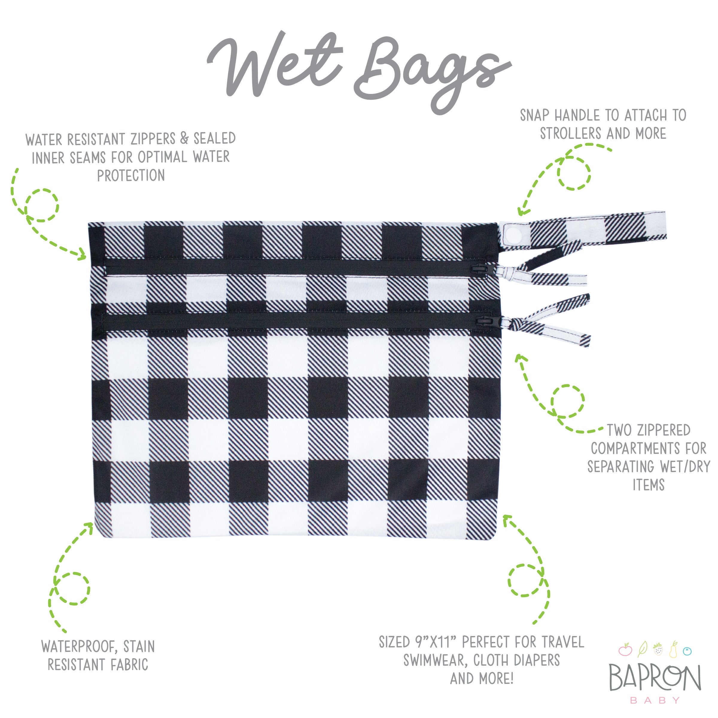 White Buffalo Plaid - Waterproof Wet Bag (For mealtime, on-the-go, and more!)  BapronBaby   