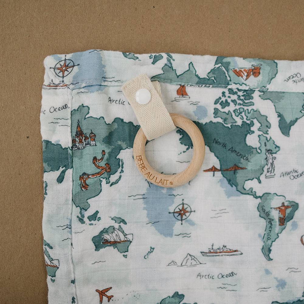 World Map Oh So Soft Muslin Teether Blanket Teether Blanket Bebe au Lait   