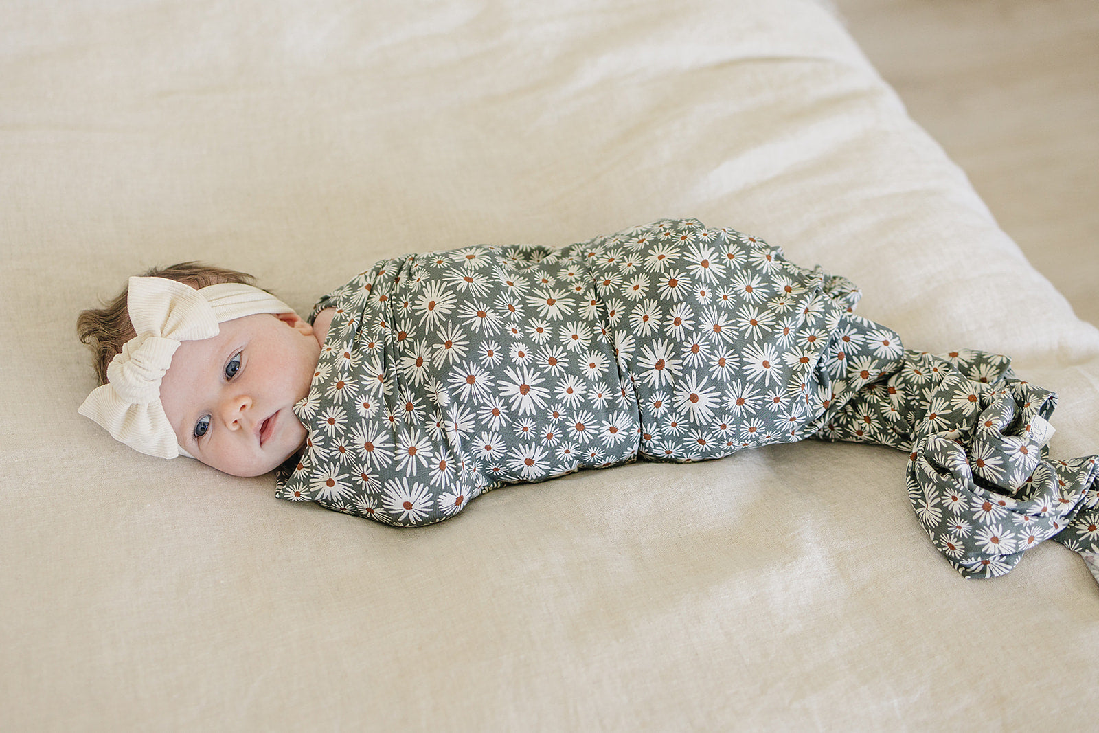 Dark Green Daisy Bamboo Stretch Swaddle  Mebie Baby   