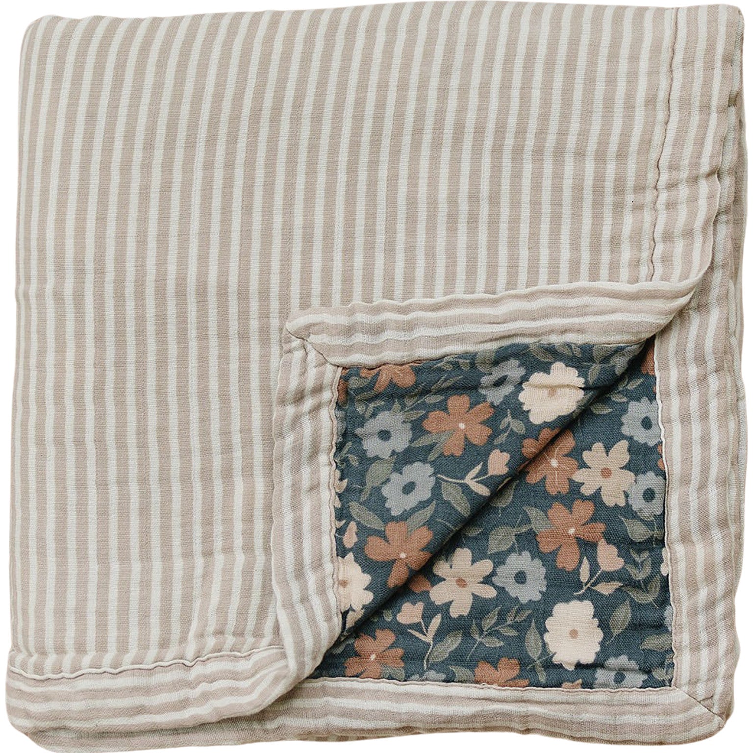 Taupe Stripe + Midnight Floral Muslin Quilt  Mebie Baby   