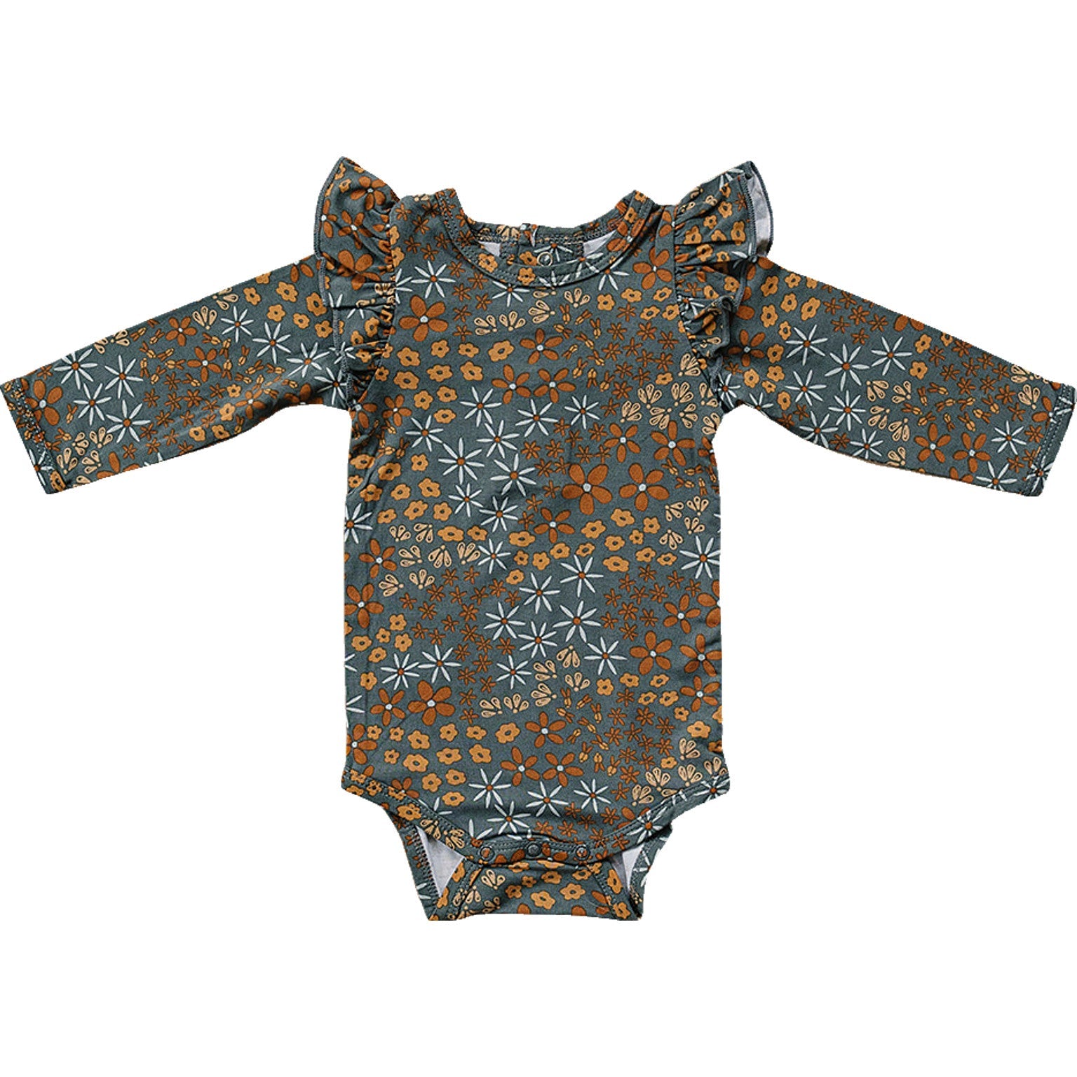 Navy Floral Ruffle Sleeve Bamboo Bodysuit  Mebie Baby   