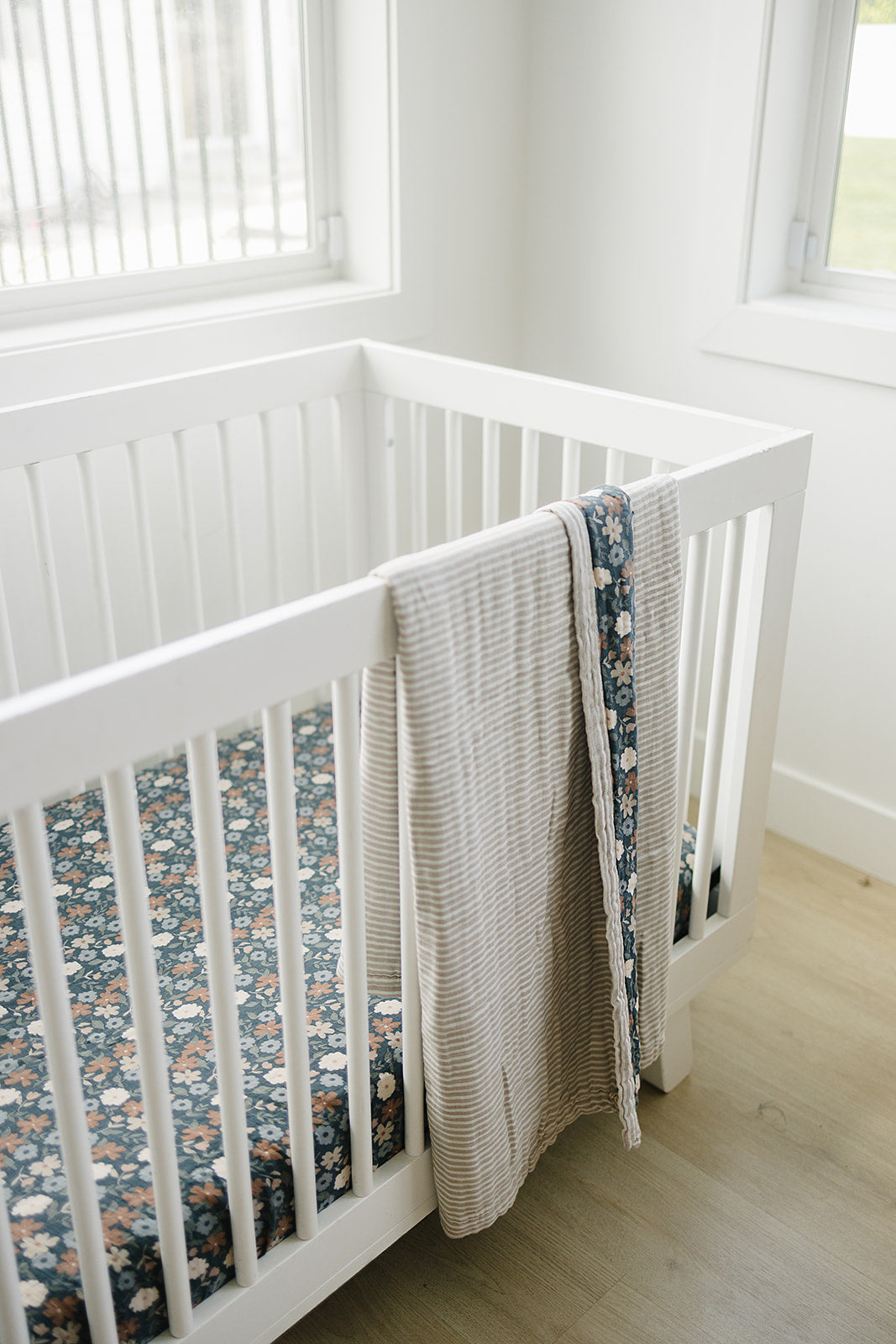 Taupe Stripe + Midnight Floral Muslin Quilt  Mebie Baby   