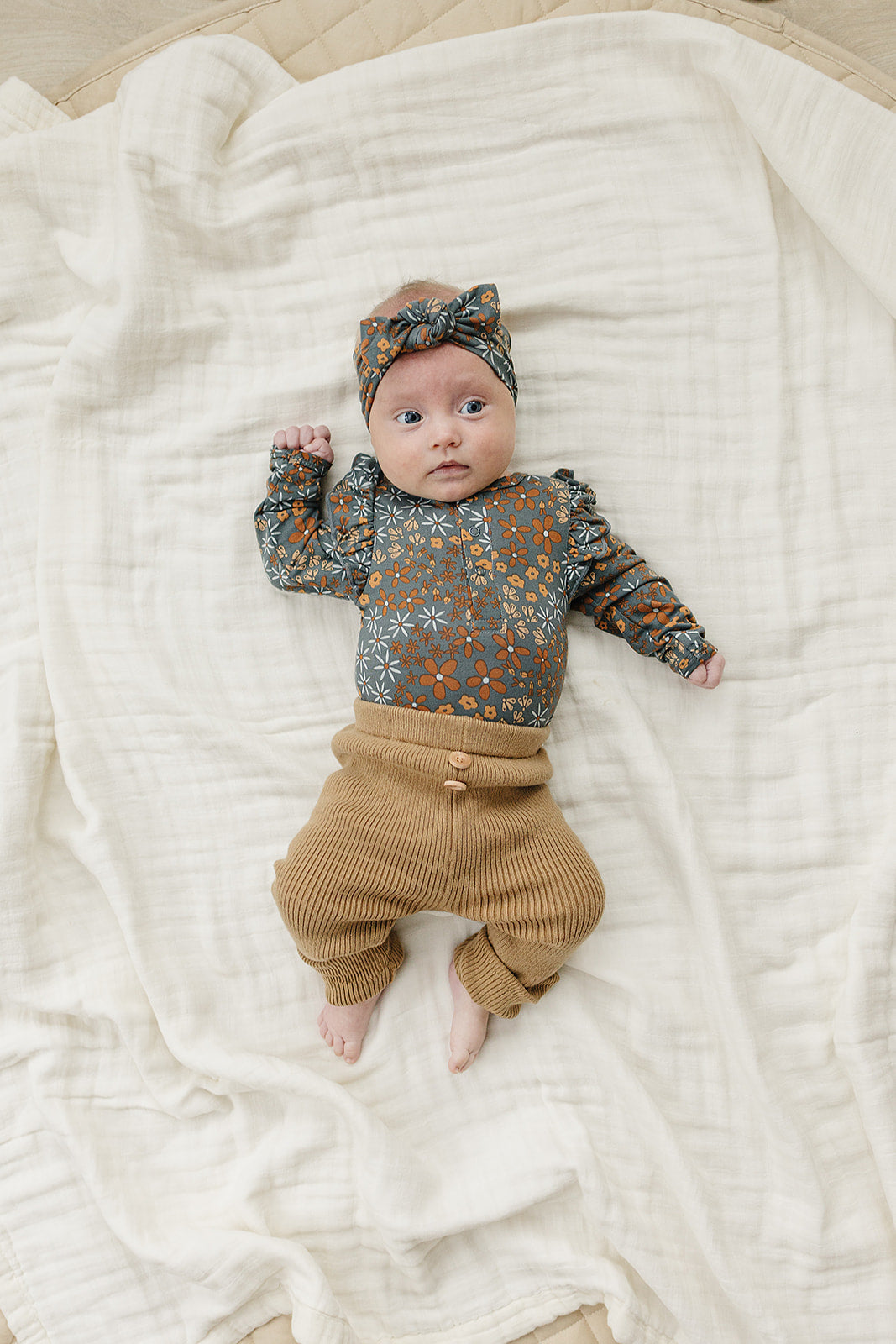 Navy Floral Ruffle Sleeve Bamboo Bodysuit  Mebie Baby   