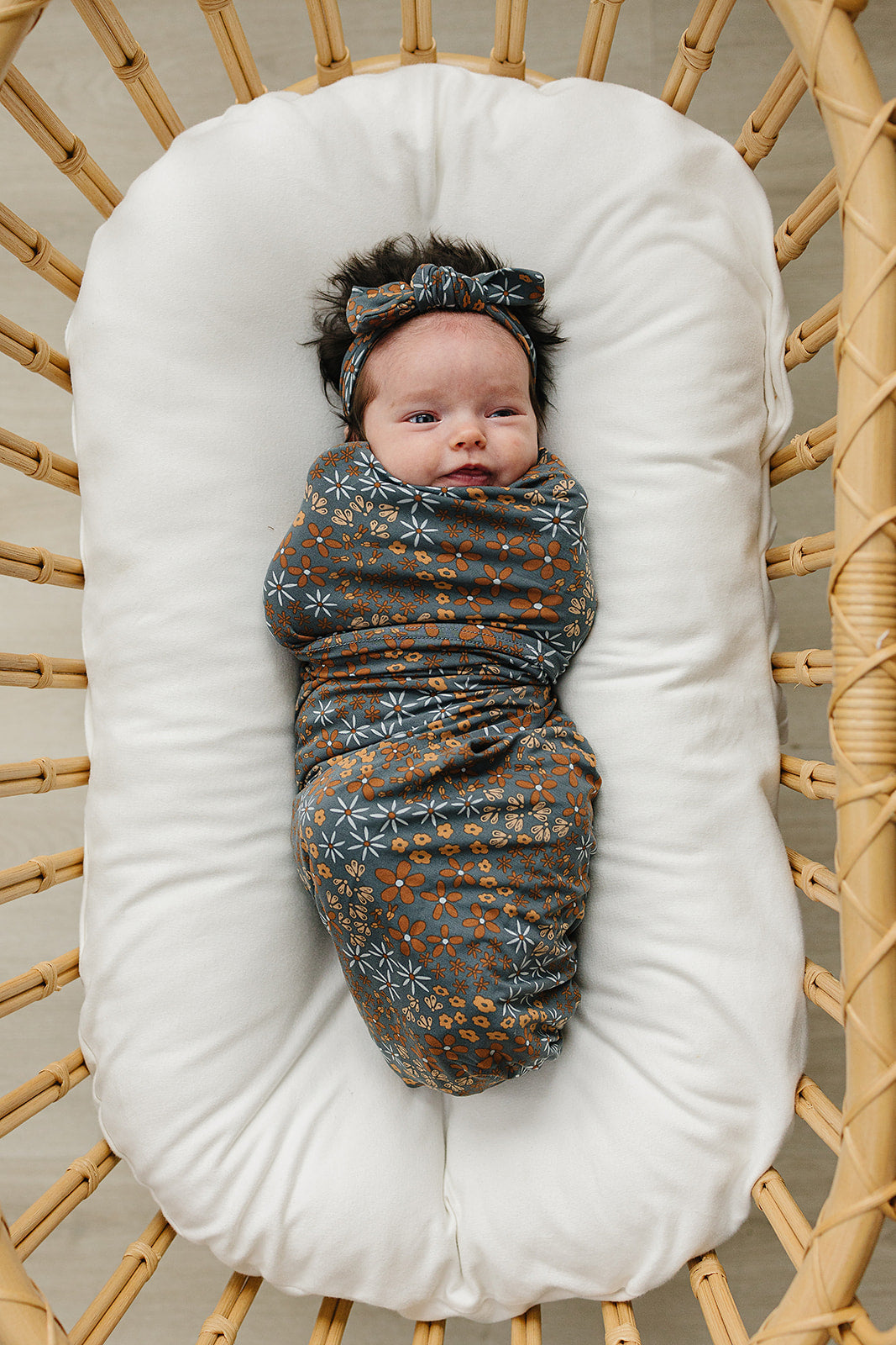 Navy Floral Bamboo Stretch Swaddle  Mebie Baby   