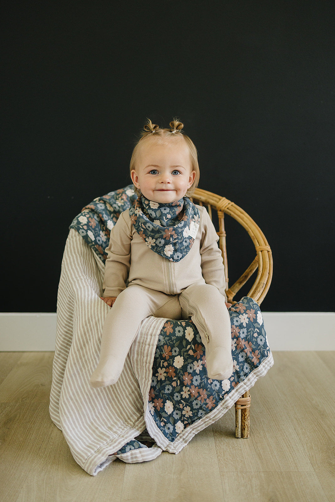 Taupe Stripe + Midnight Floral Muslin Quilt  Mebie Baby   