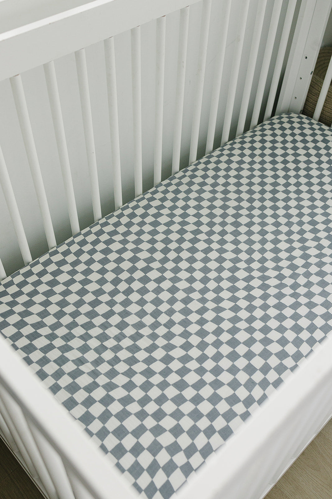 Dusty Blue Wavy Checkered Muslin Crib Sheet  Mebie Baby   