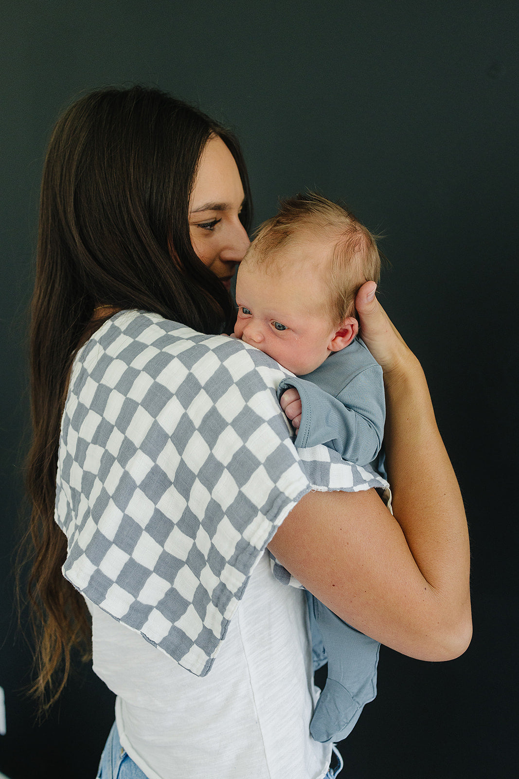 Dusty Blue Wavy Checkered Muslin Burp Cloth  Mebie Baby   