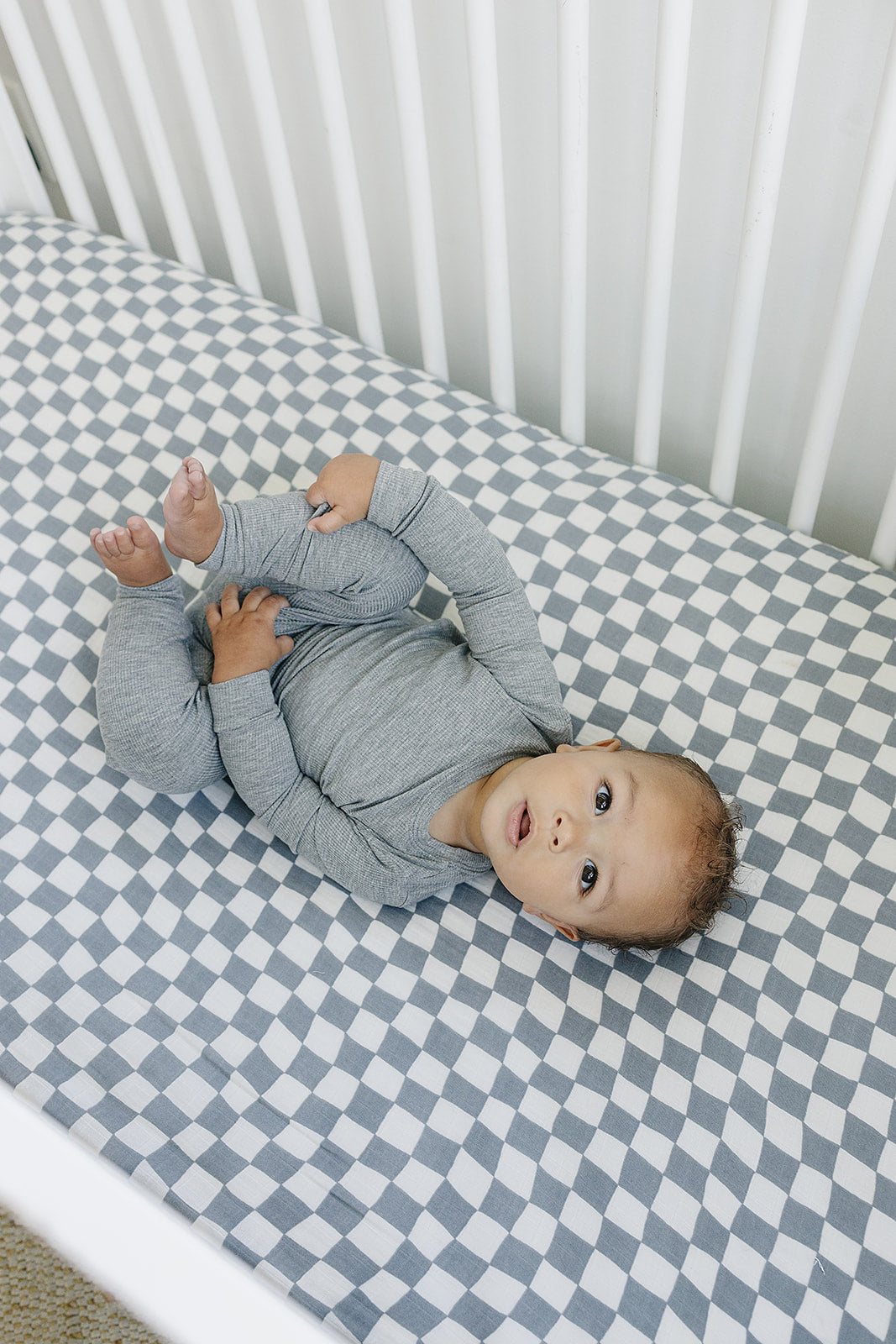 Dusty Blue Wavy Checkered Muslin Crib Sheet  Mebie Baby   