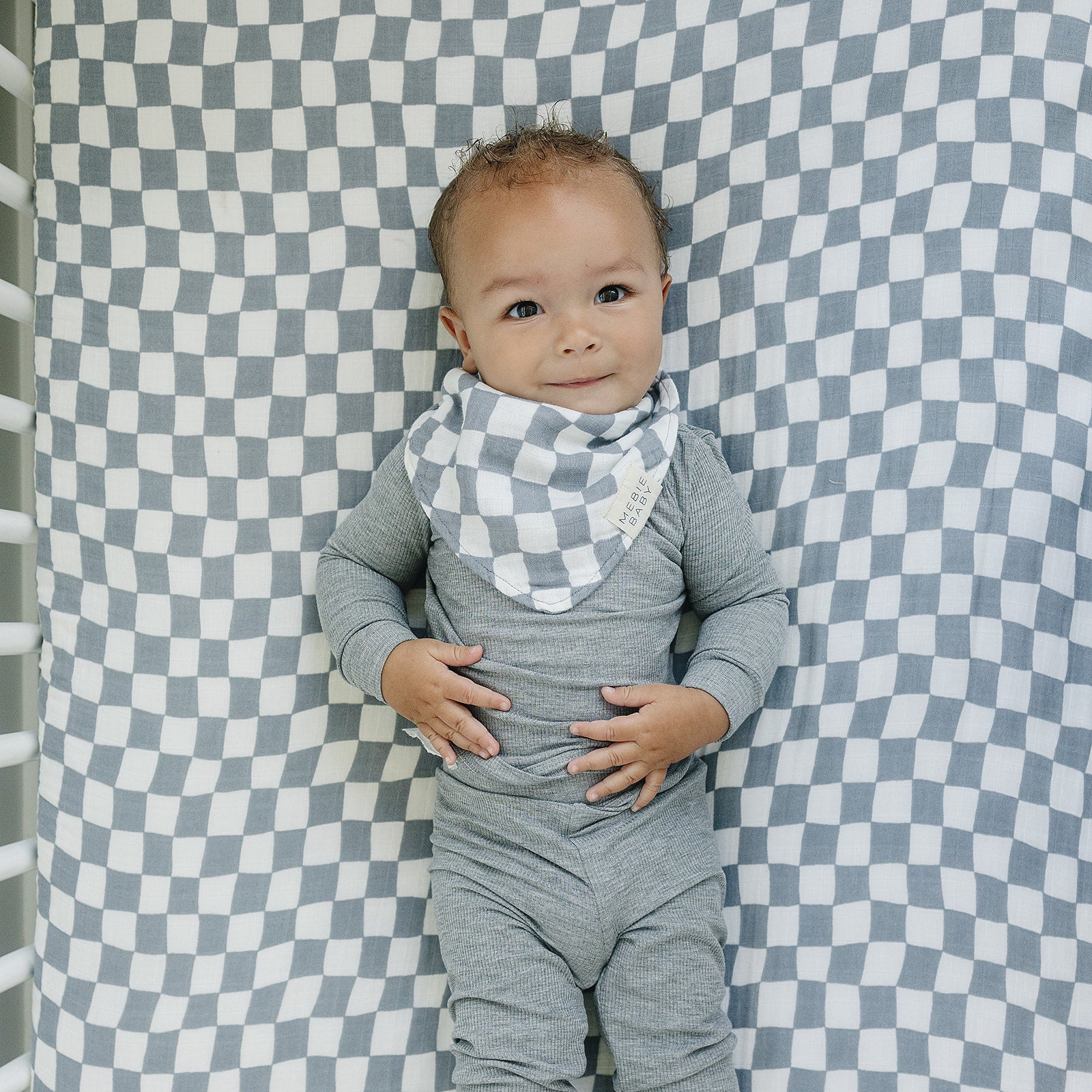 Dusty Blue Wavy Checkered Muslin Bib  Mebie Baby   