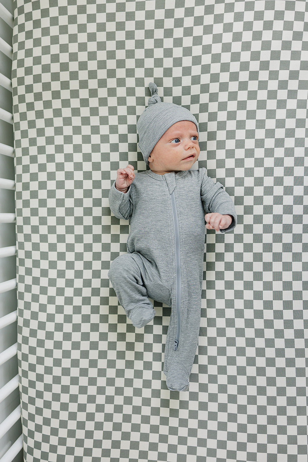 Light Green Checkered Bamboo Stretch Crib Sheet  Mebie Baby   