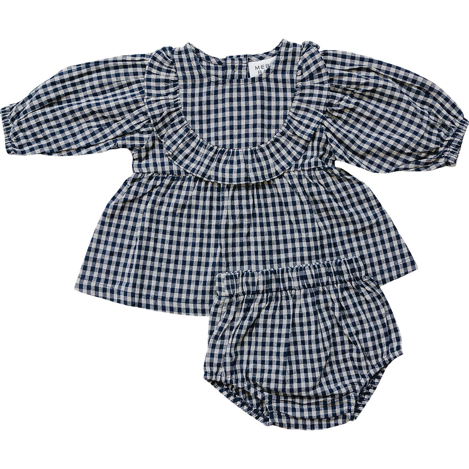 Gingham Long Sleeve Ruffle Linen Dress  Mebie Baby   