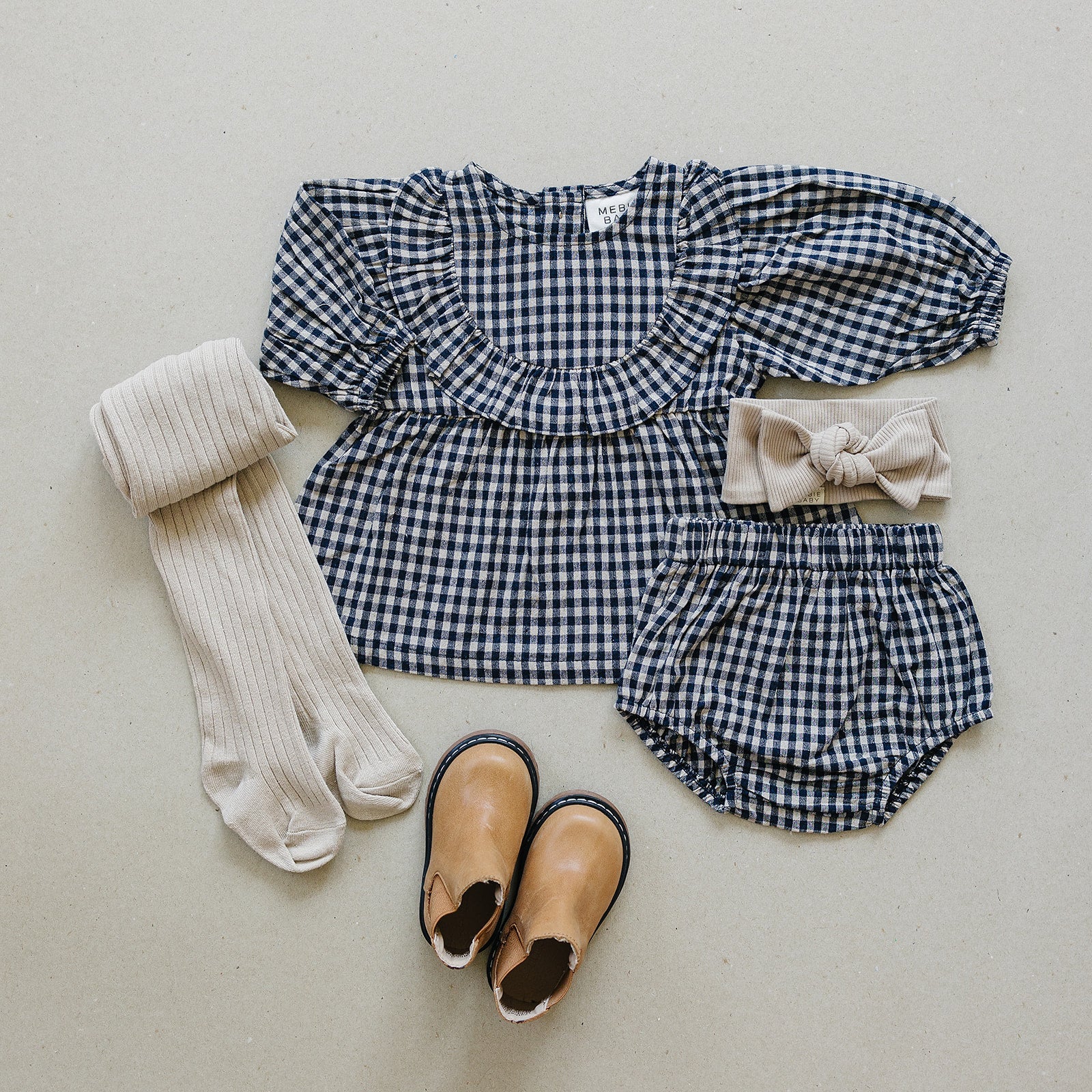 Gingham Long Sleeve Ruffle Linen Dress  Mebie Baby   