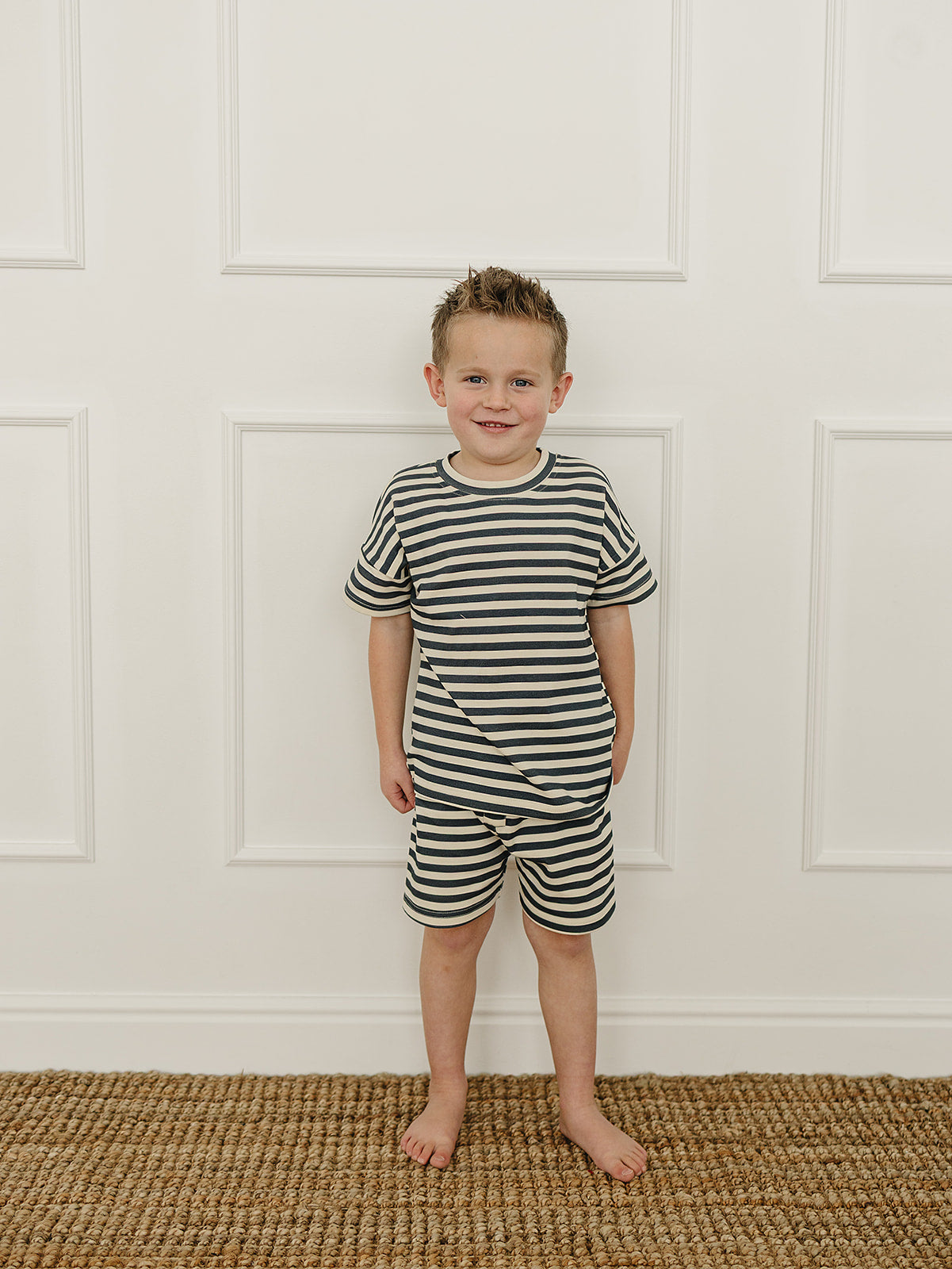 Navy Stripe Button Short Set