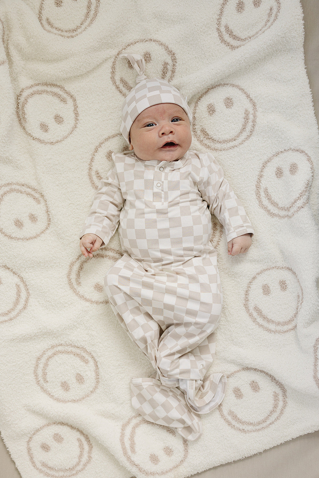 Taupe Checkered Bamboo Knot Gown  Mebie Baby   