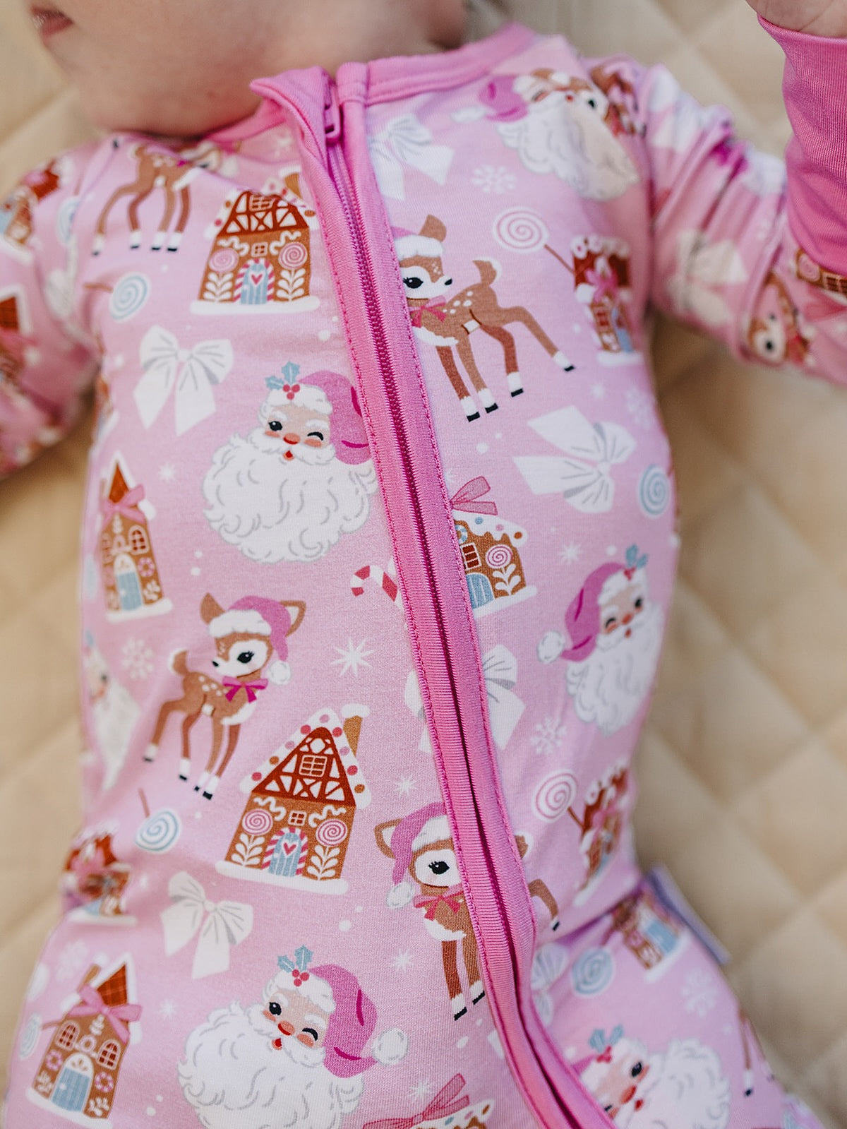 Bamboo Zip Romper | Pink Christmas
