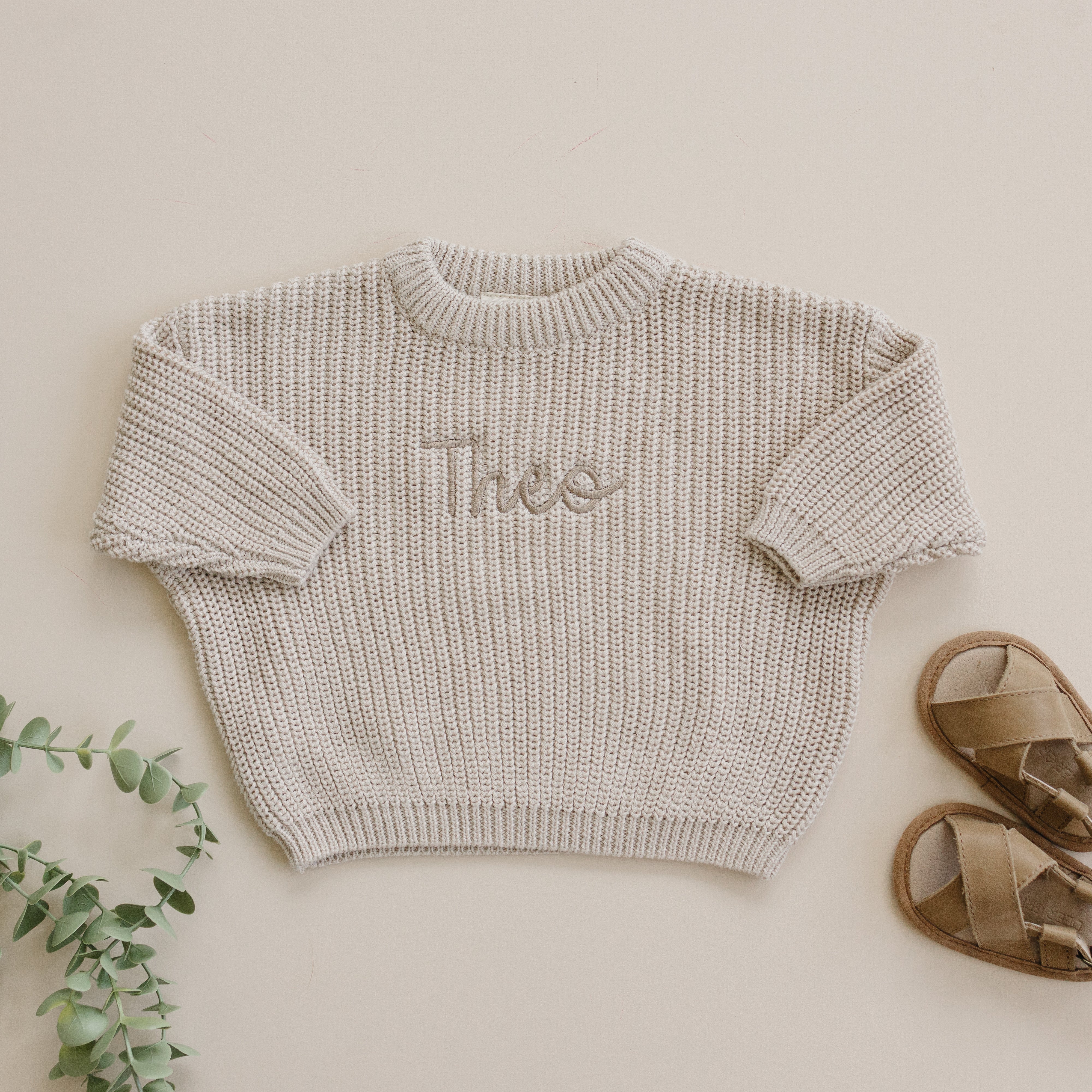 Custom Embroidered Knit Sweater - Beige Tone on Tone