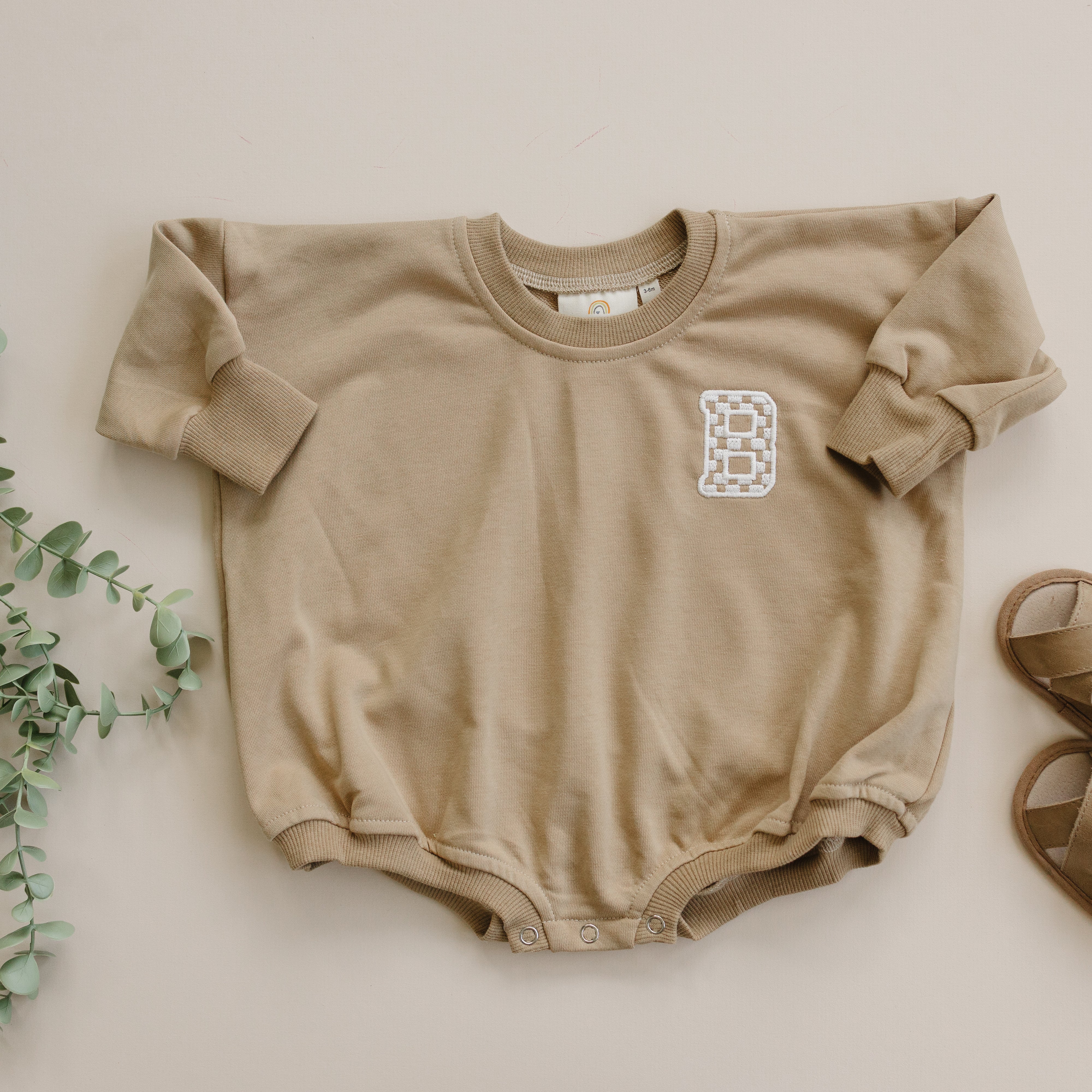 Custom Embroidered Sweatshirt Romper - Camel