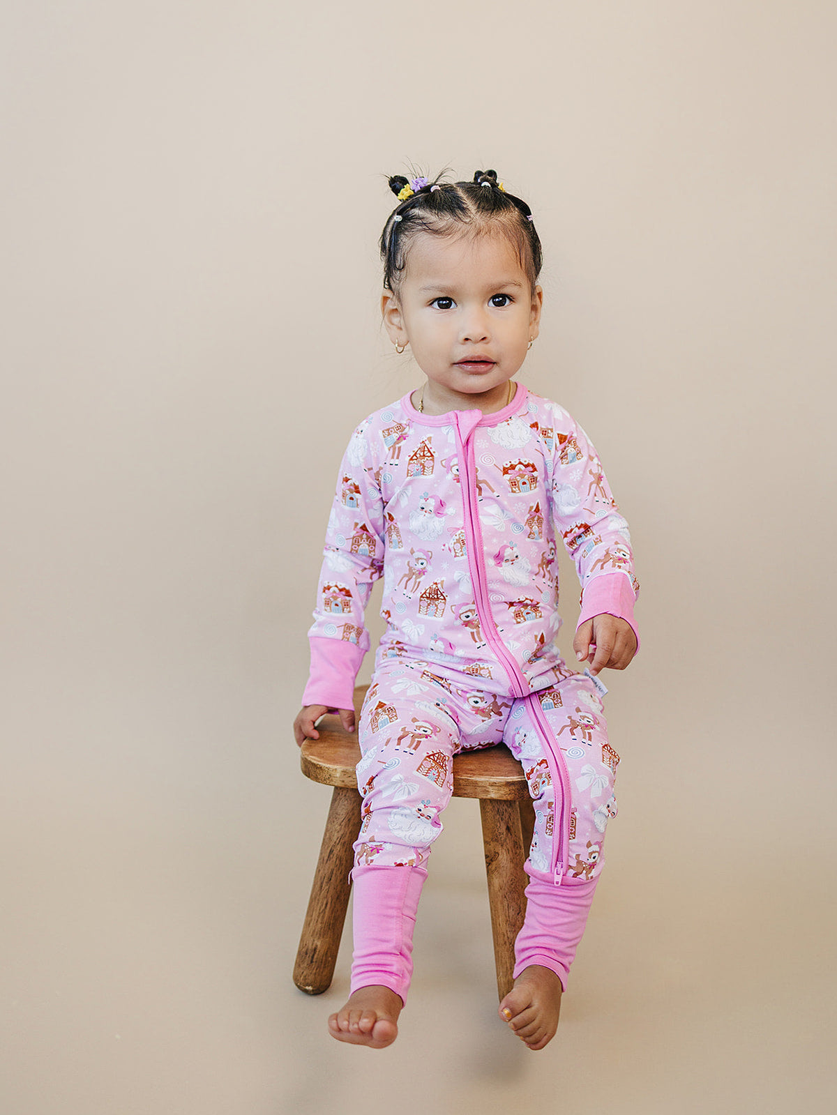 Bamboo Zip Romper | Pink Christmas