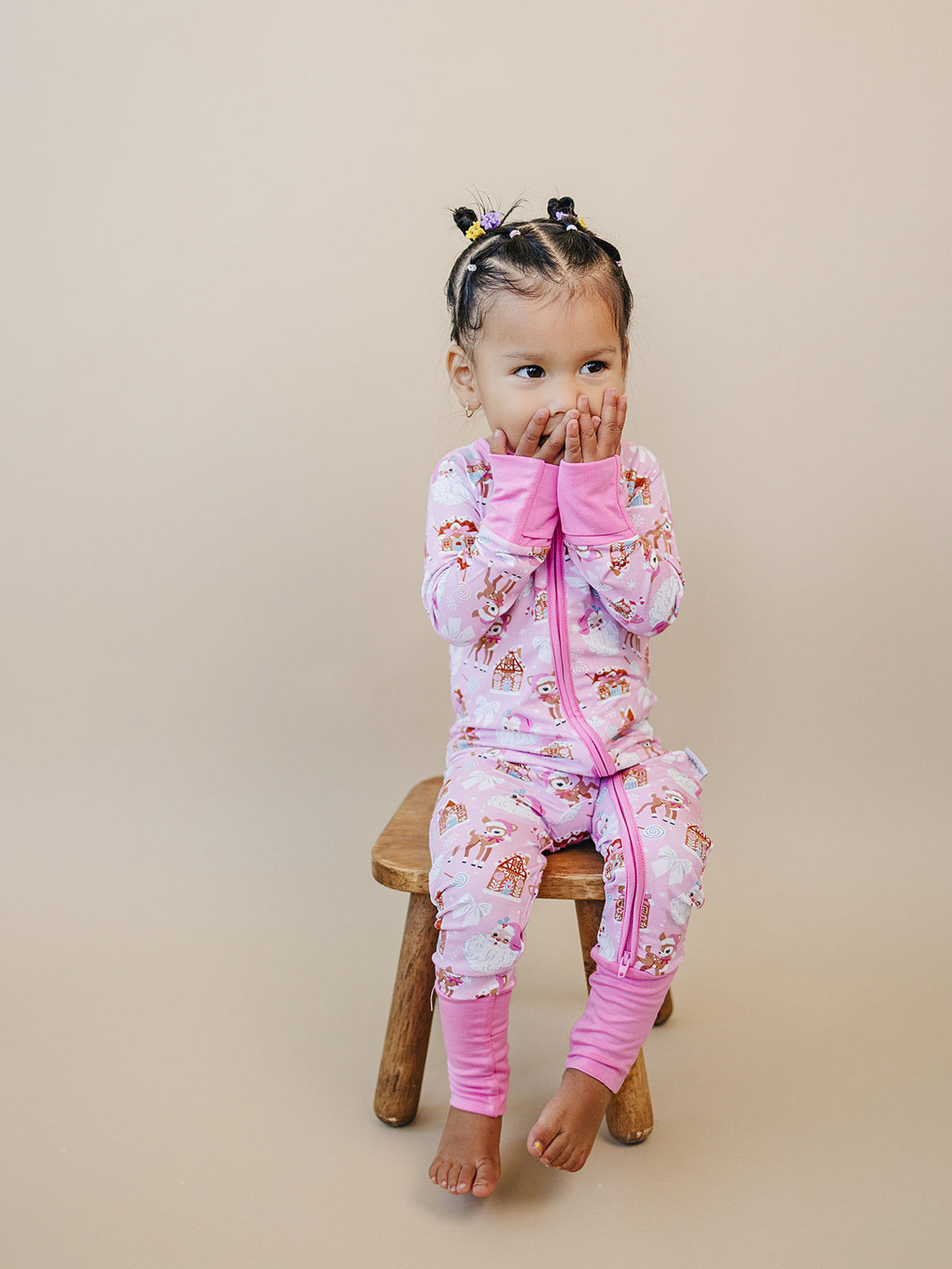 Bamboo Zip Romper | Pink Christmas