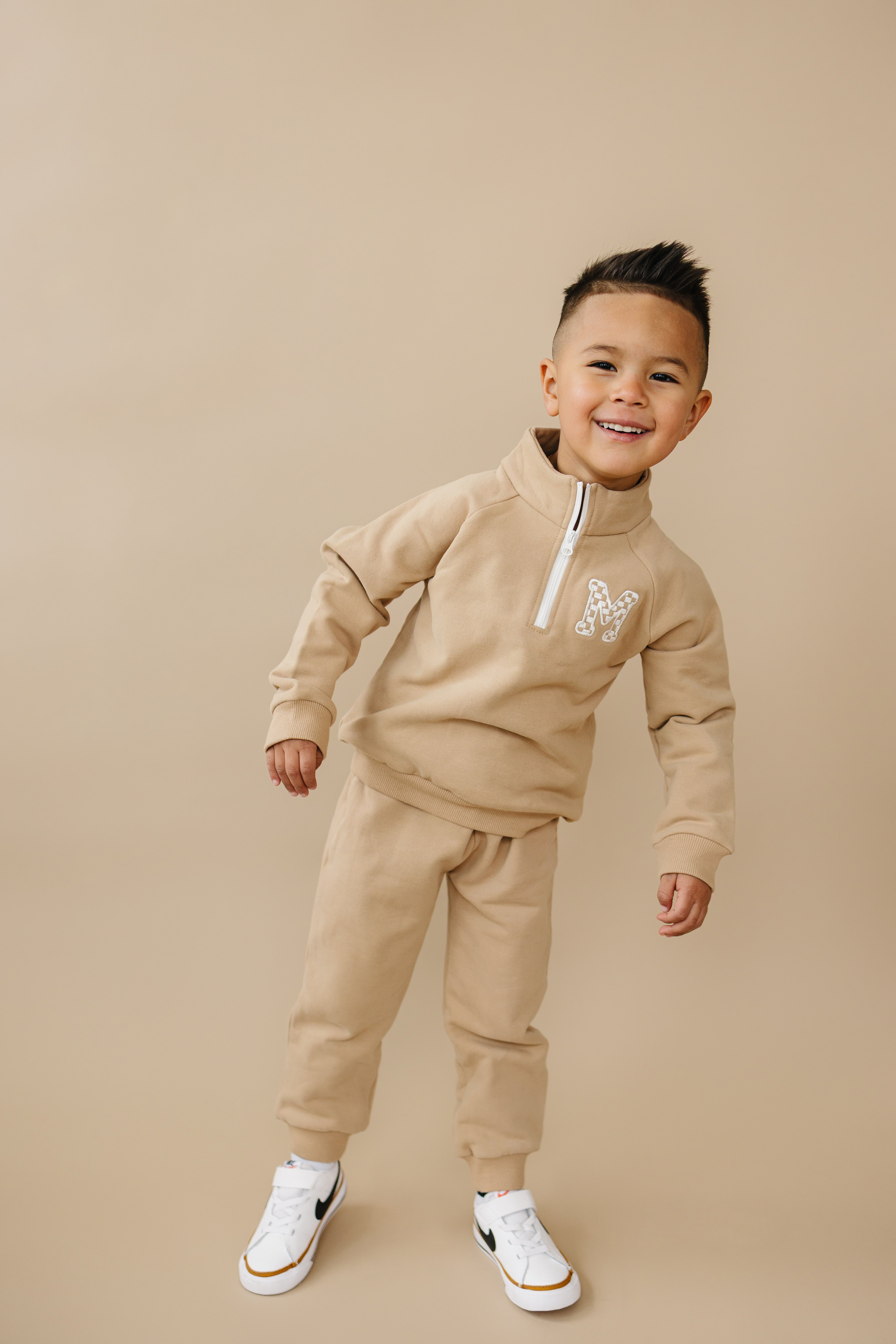 Custom Embroidered Organic Cotton Quarter Zip Set - Tan