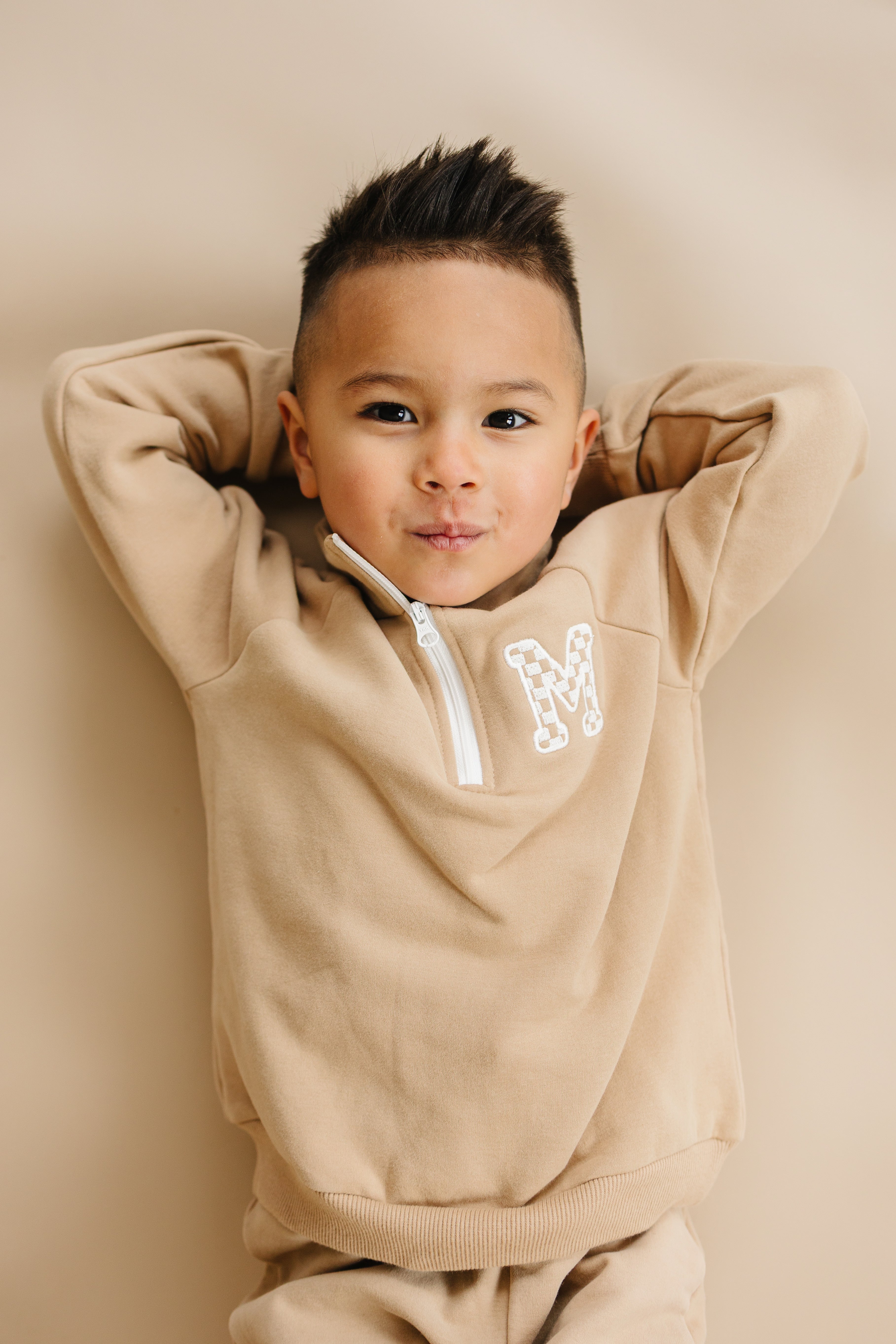 Custom Embroidered Organic Cotton Quarter Zip Set - Tan
