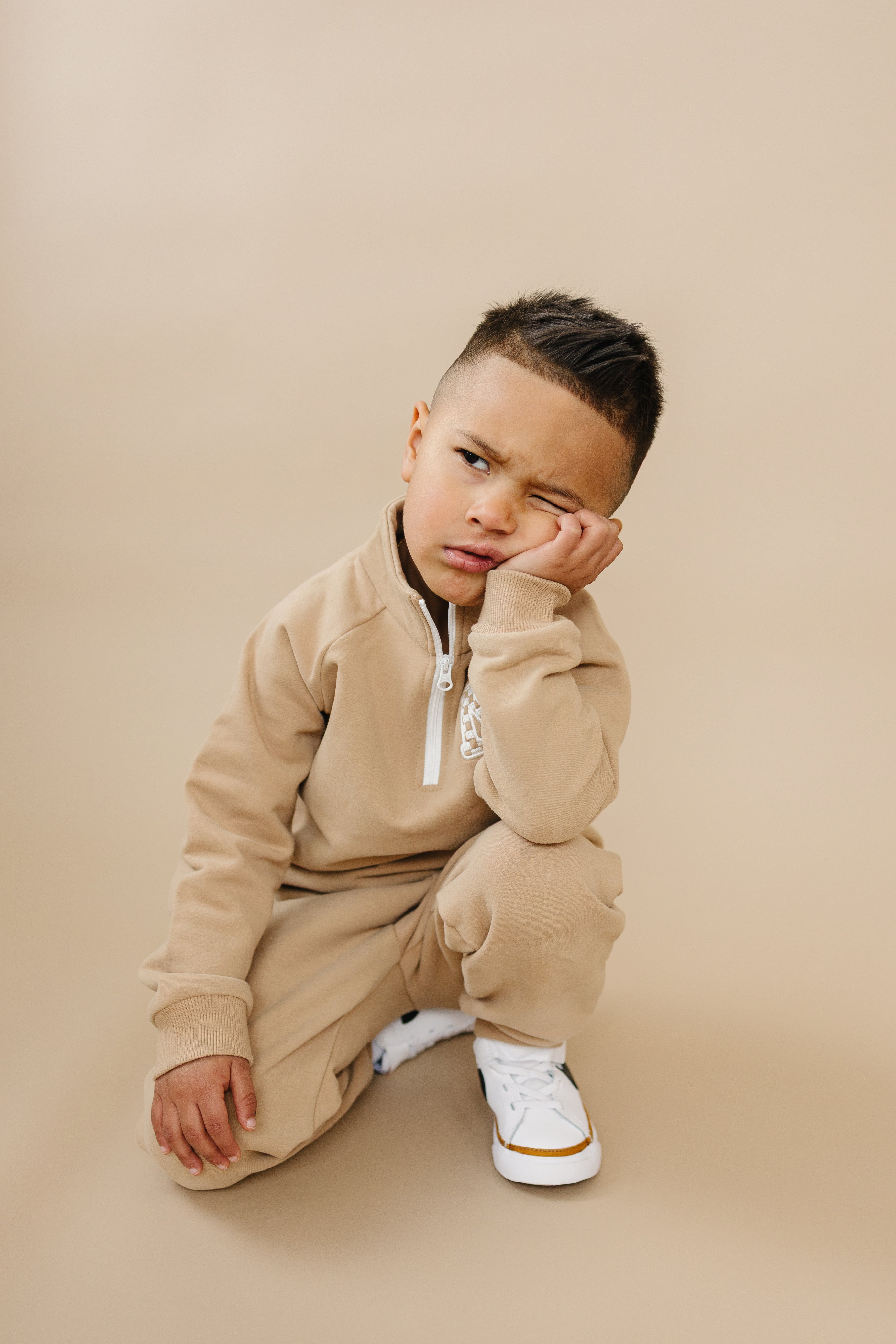 Custom Embroidered Organic Cotton Quarter Zip Set - Tan
