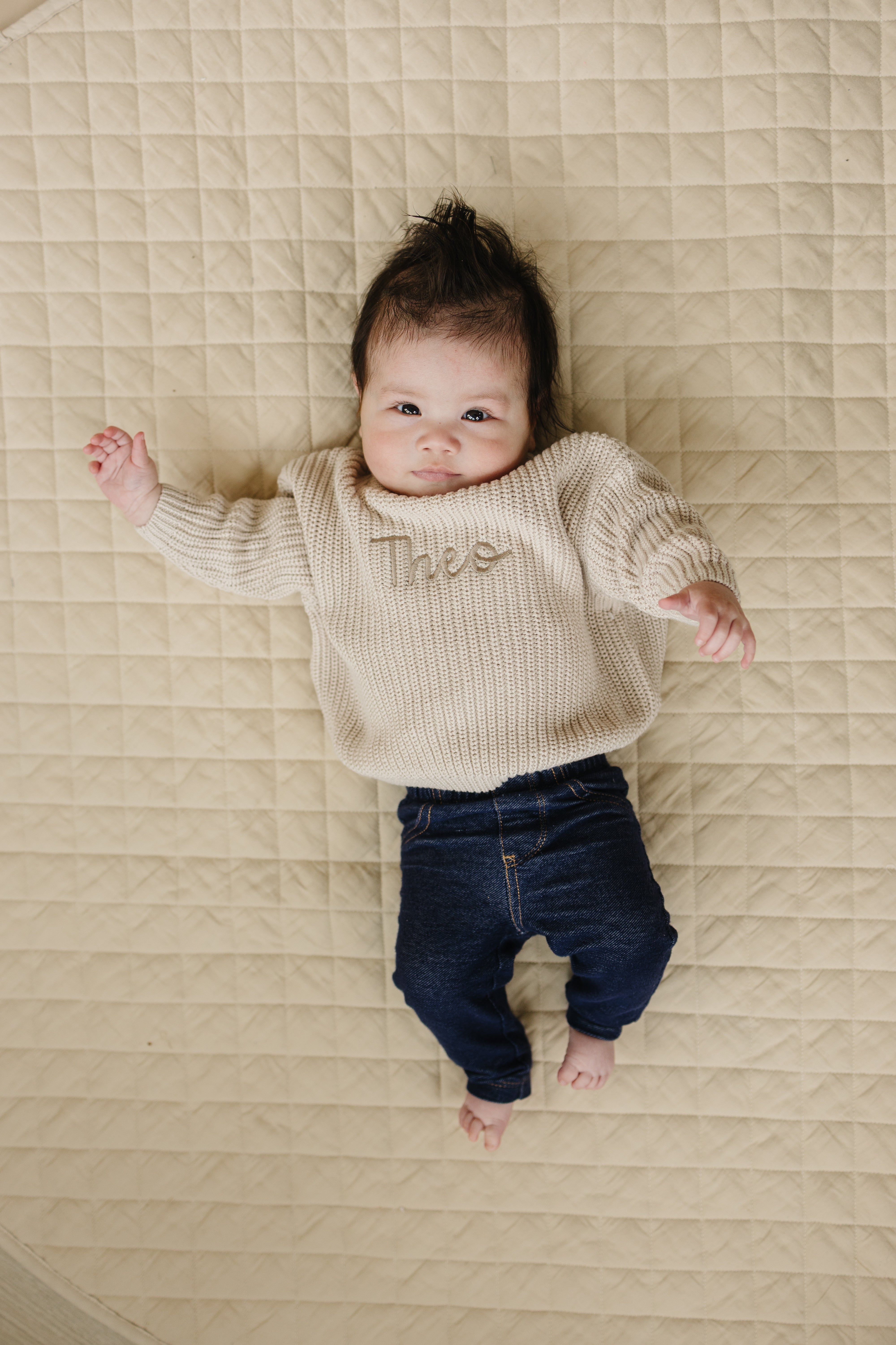 Custom Embroidered Knit Sweater - Beige Tone on Tone