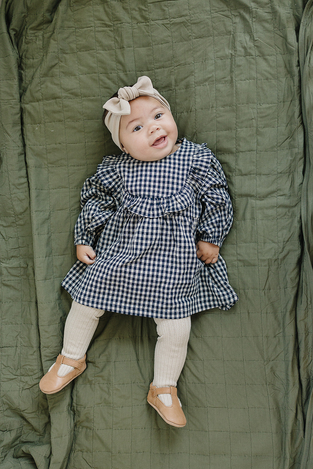 Gingham Long Sleeve Ruffle Linen Dress  Mebie Baby   